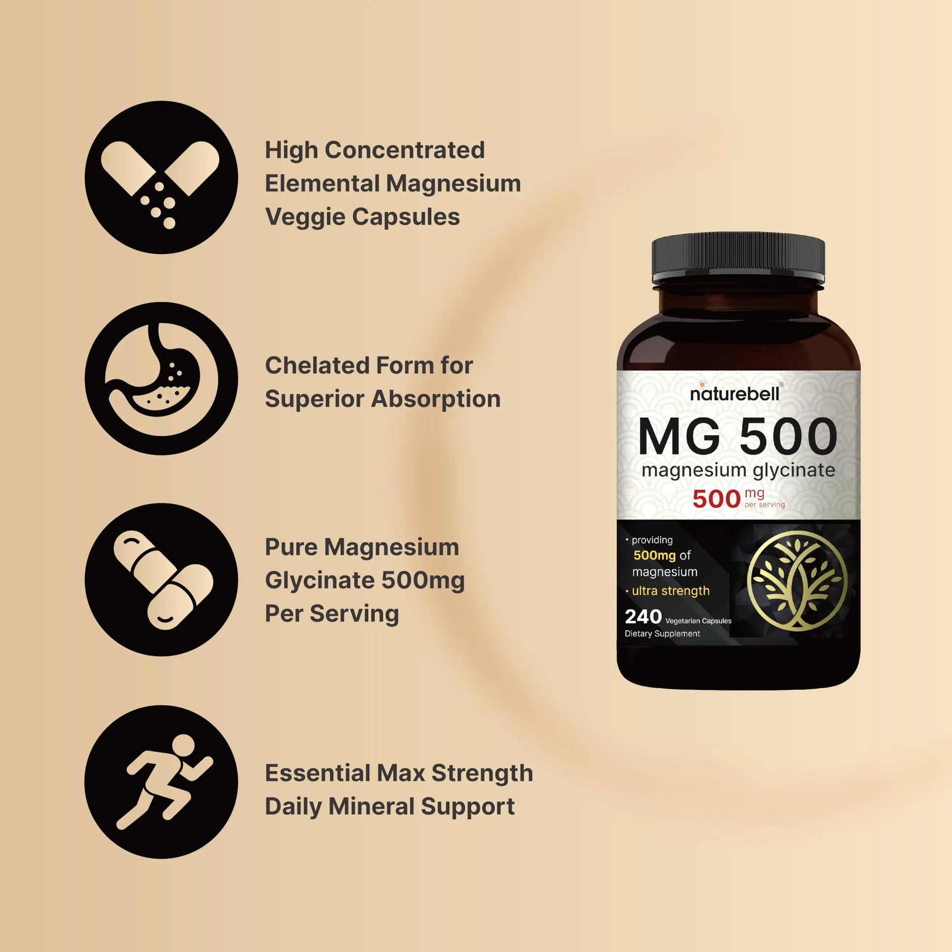 NatureBell Magnesium Glycinate 500mg Per Serving | 240 Veggie Capsule, 100% Chelated NatureBell Au supplements