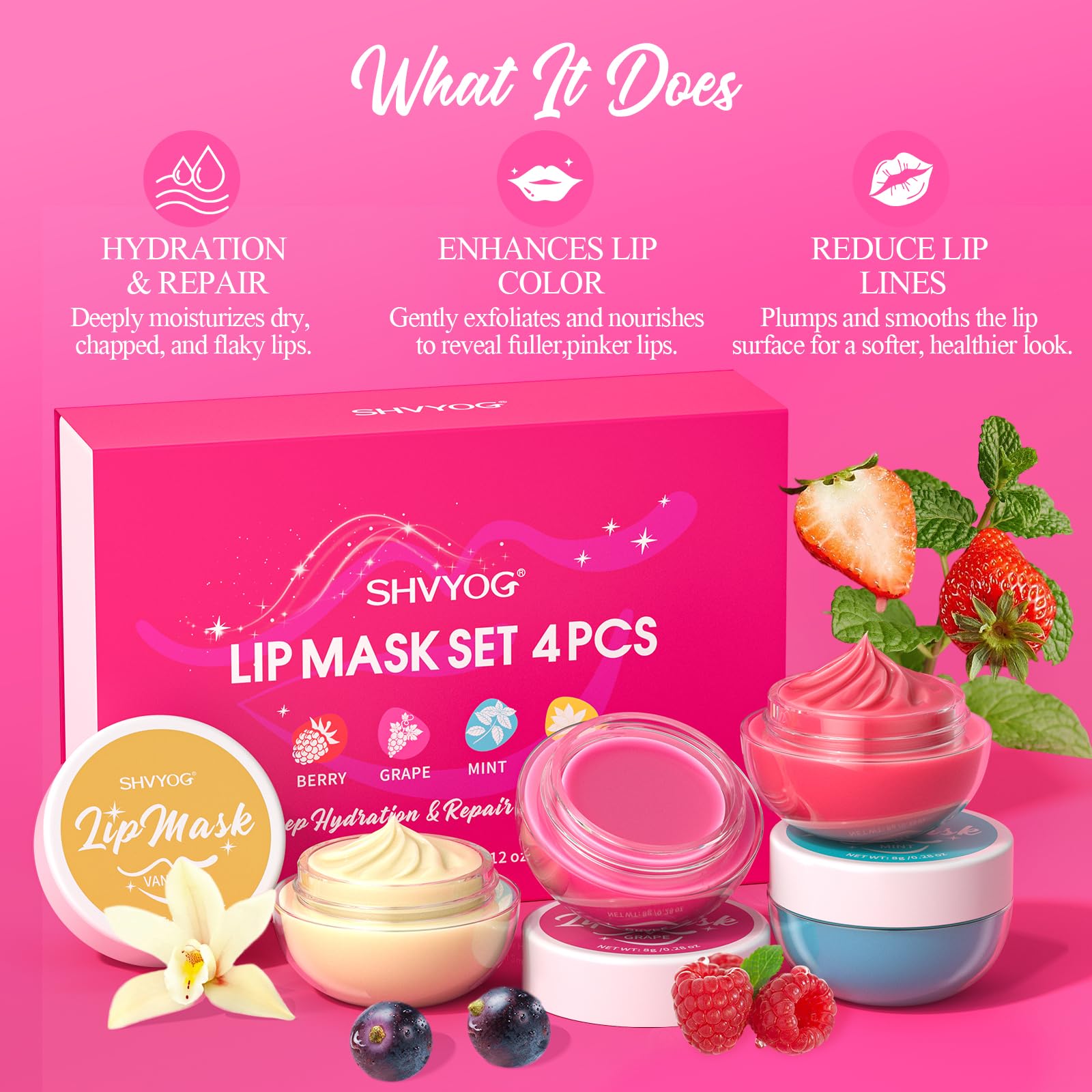 4 Pack Lip Mask Set, Hydrating Lip Mask Overnight - Berry, Grape, Mint, Vanilla Flavors, Lip Sleeping Mask Nourish Lip Balm with Vitamin C & Shea Butter | Dry Lips Care Gift SHVYOG Au supplements