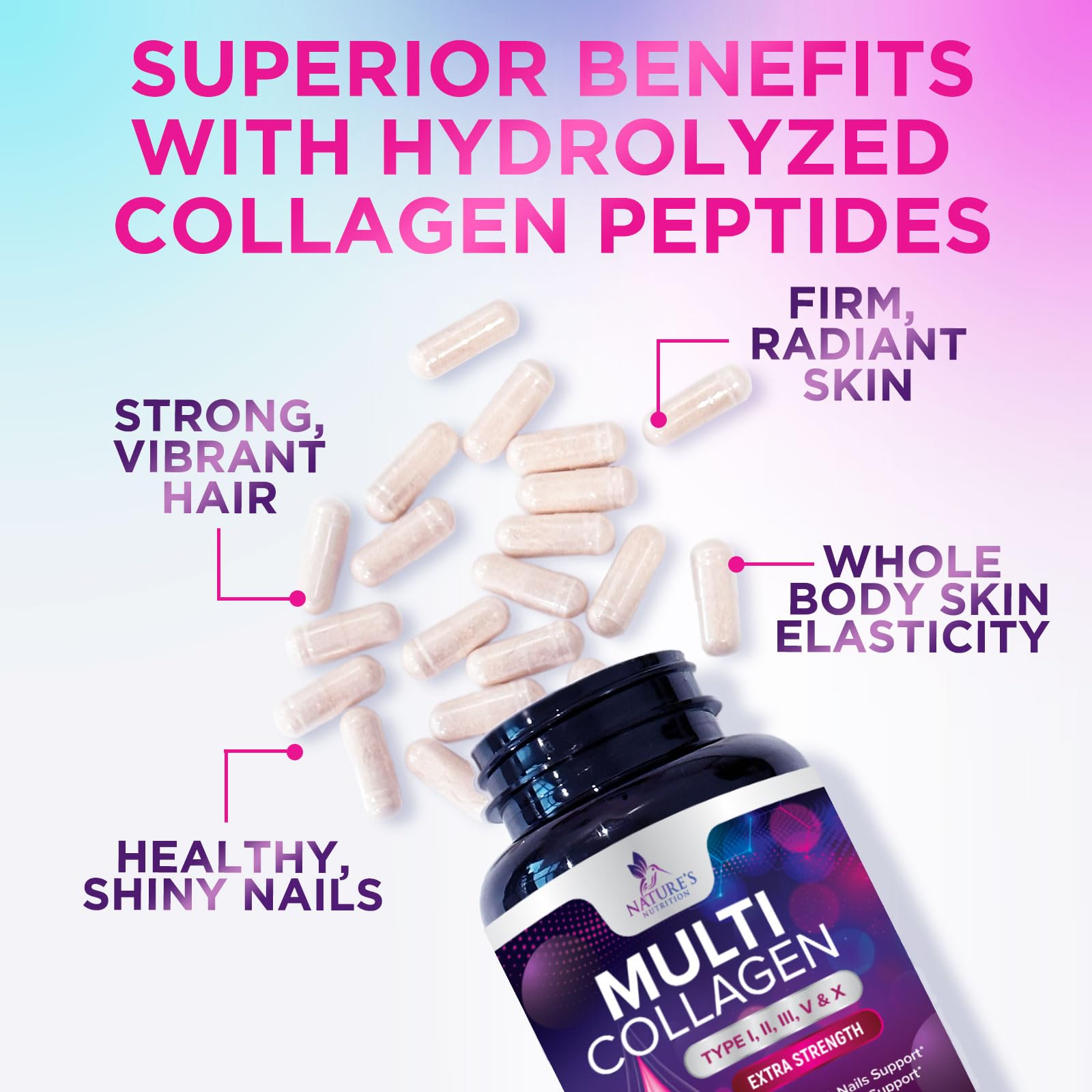 Multi Collagen Pills 2400 mg - Advanced Types I, II, III, V, X - Hydrolyzed Multi Collagen Peptides Pills, Collagen Supplements for Women & Men - Hair, Skin, & Nail Support Supplement - 120 Capsules Nature's Nutrition Au supplements