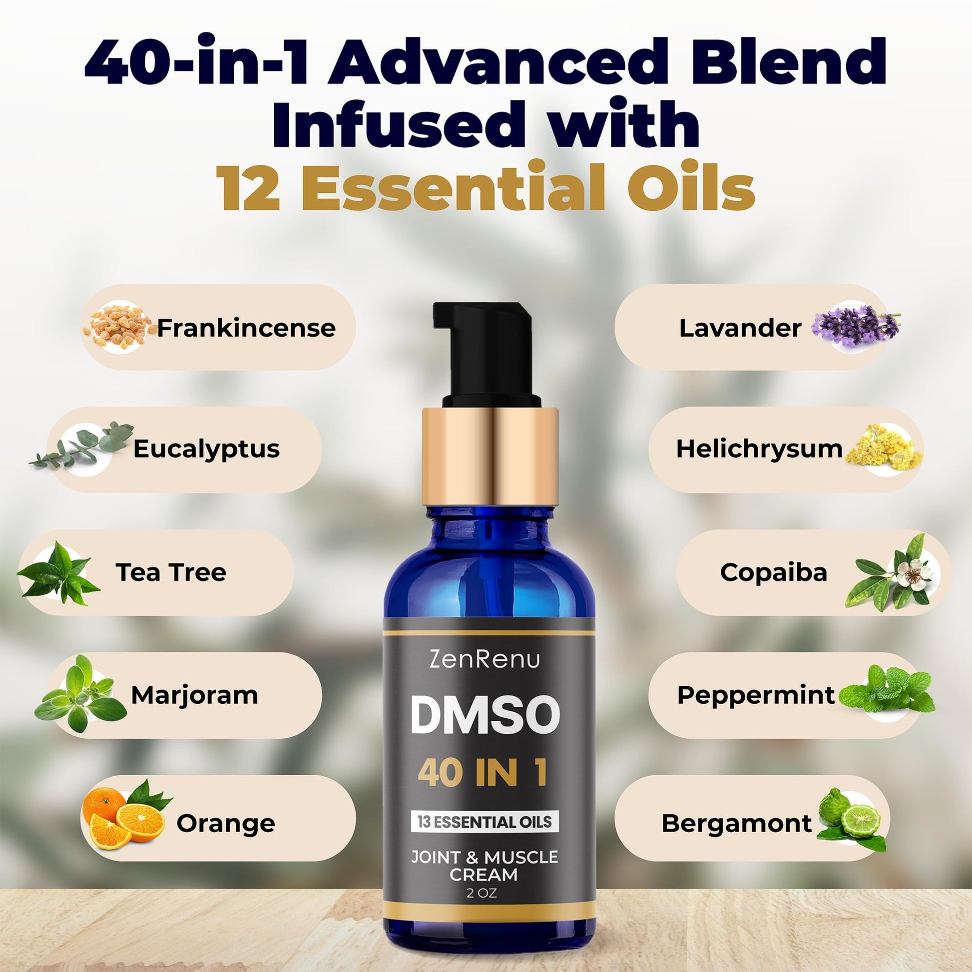 Zenrenu DMSO Cream 99.995% Pure Pharmaceutical Grade - 40-in-1 Advanced Formula -12 Essential Oils, Arnica, Aloe Vera, MSM - Fast-Absorbing Cream – 2 oz Glass Pump Bottle – Made in USA Zenrenu Au supplements