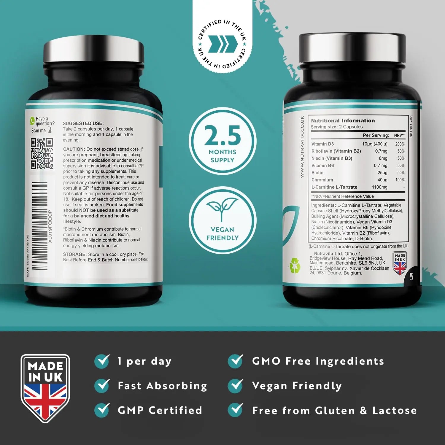L-Carnitine Complex - High Strength Capsules with Added Riboflavin, Biotin, Chromium Nutravita Au supplements