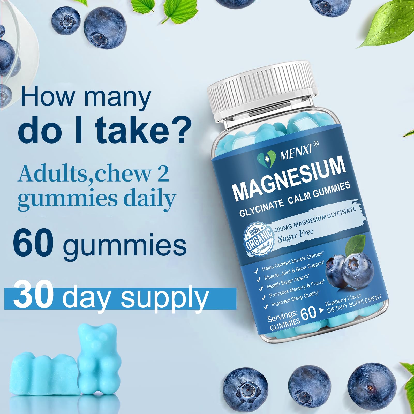 Magnesium Gummies 600mg per Serving-Magnesium Glycinate 400mg and Magnesium Malate 200mg,Sugar Free Magnesium Potassium Supplement for Calm Mood, Muscle, Bone & Sleep Support,60 Blueberry Gummies MENXI Au supplements