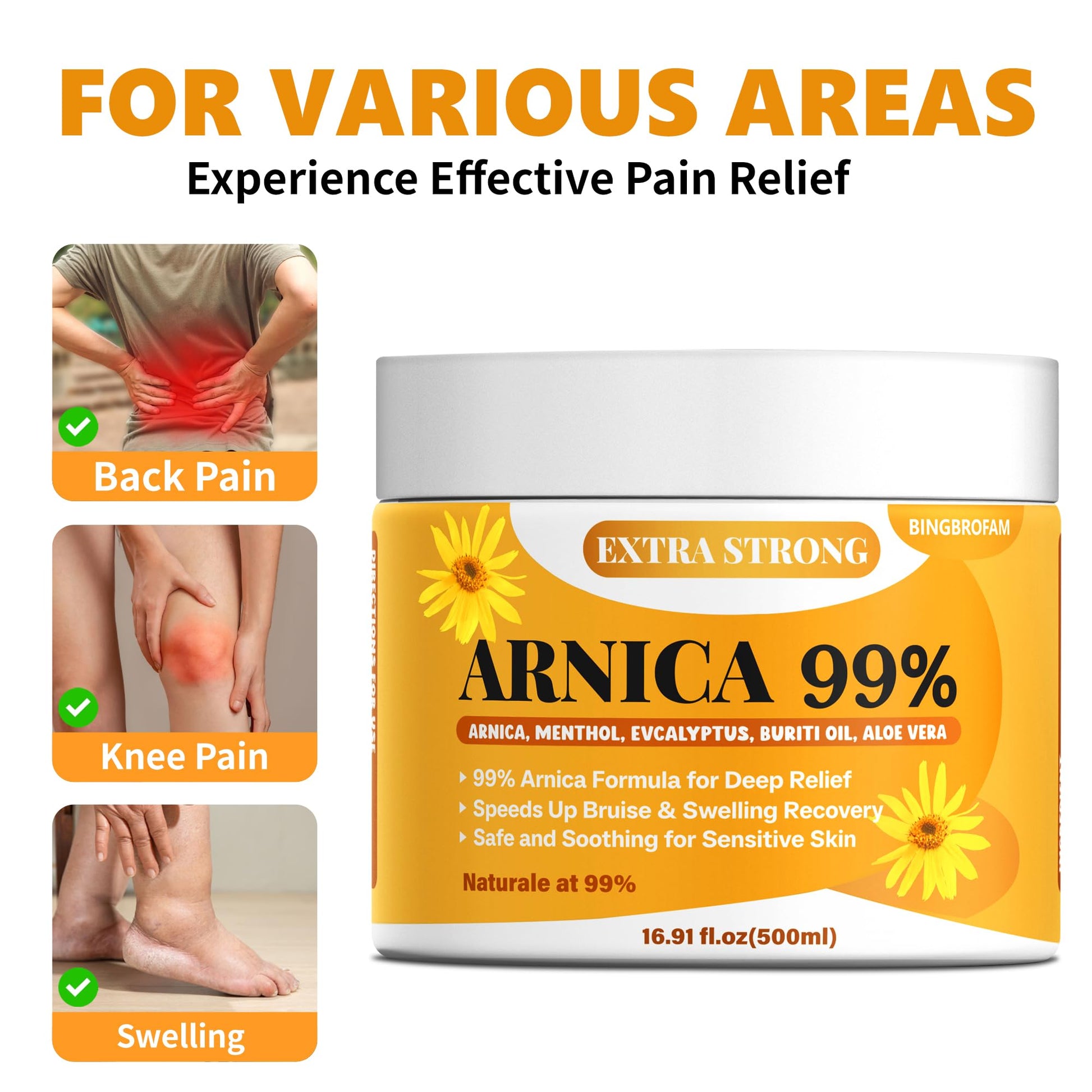 Bingbrofam Arnica Cream 99% Extra Strength Gel Pain Relief for Fast Healing Thin Skin, Seniors Bruises with Menthol, Swelling, Soothing Massage, 16.9 Oz Bingbrofam Au supplements