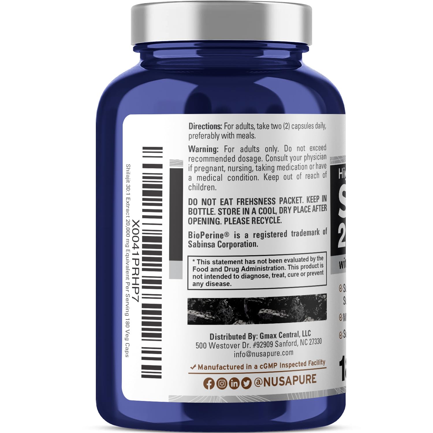 NusaPure Shilajit 20,000mg per Serving, 180 Veggie Caps, Non-GMO, Gluten Free, Bioperine NusaPure Au supplements