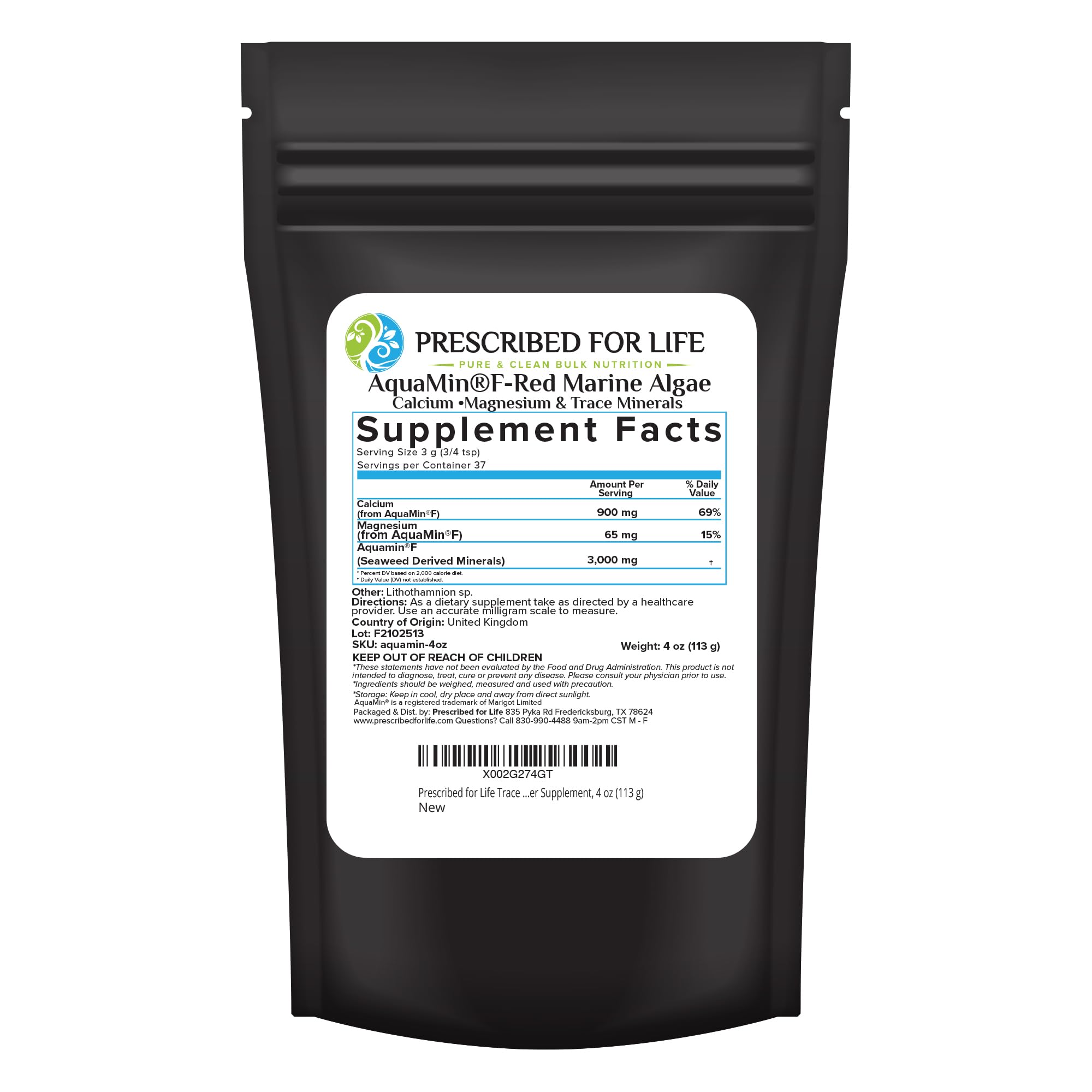 Prescribed for Life Aquamin Powder, Red Marine Algae Supplements, Rich in Plant Based Calcium & Magnesium, 72 Trace Minerals, Non GMO (113g) Prescribed For Life Au supplements