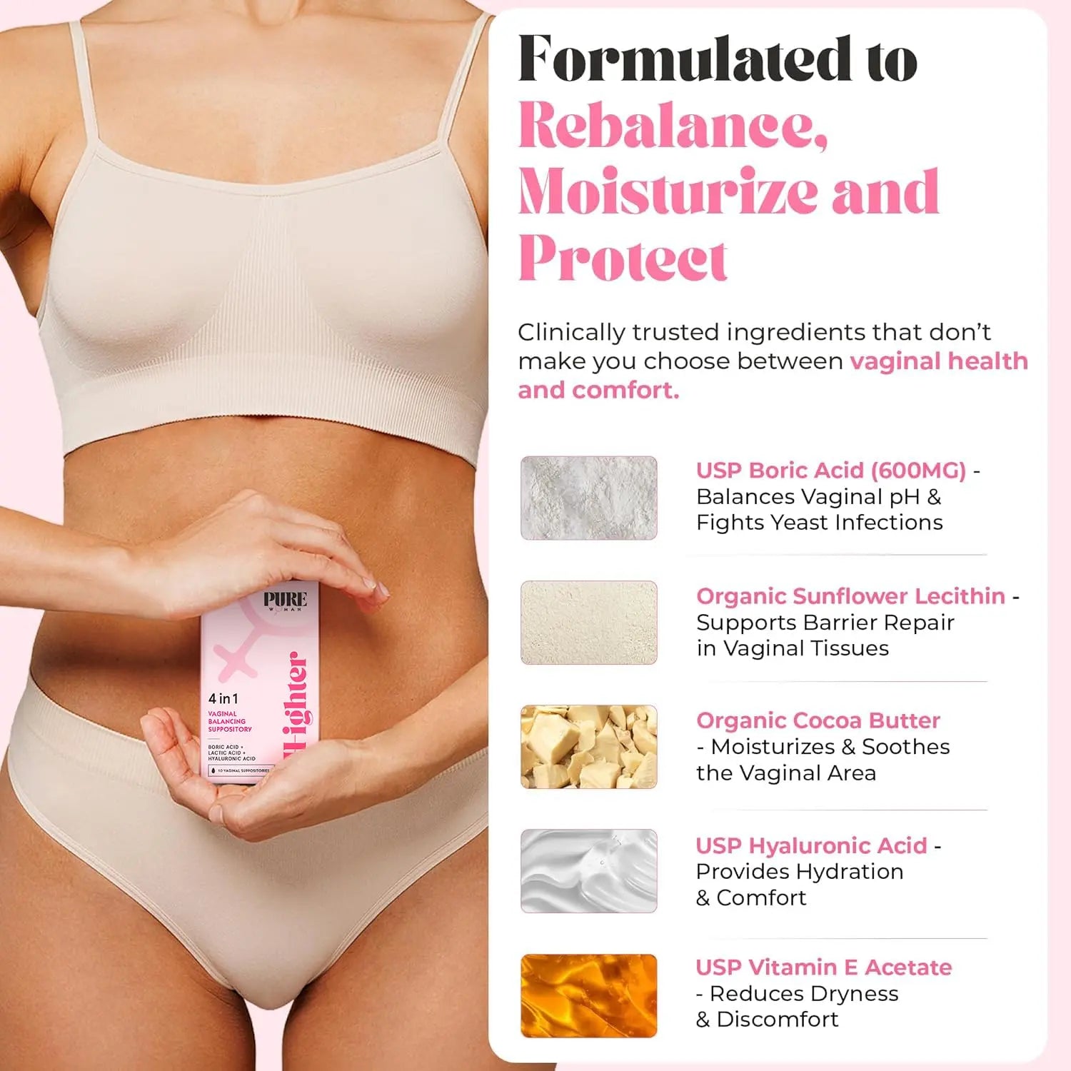 PURE WOMAN - pH-ighter Vaginal Boric Acid Suppositories for Women - Hyaluronic Acid - 4 in 1 Vaginal Suppositories for Discomfort, Dryness, Odor & pH Balance- Full Vaginal Health Care - 5pk PURE WOMAN Au supplements