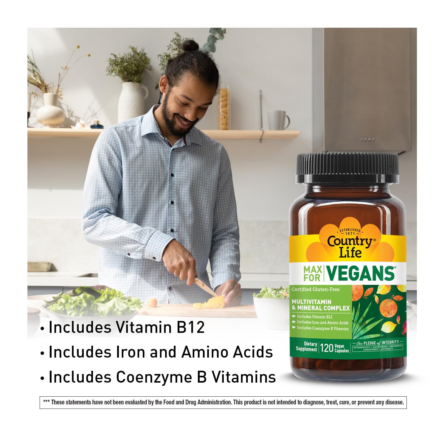 Country Life Max for Vegans - 120 Vegan Capsules - Daily Multivitamins - Immune Support Supplement - Contains Vitamin B12, Iron, Amino Acids, Coenzyme B Vitamins - Gluten-Free Country Life Au supplements