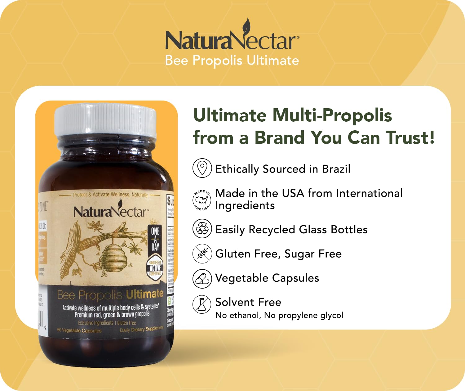 NaturaNectar - Ultimate Bee Propolis Capsules - NSF Contents Certified -Brazilian Red, Brown, & Green - Gluten-Free Supplement with Flavonoids - Naturally Sourced Through Ethical Beekeeping (60pcs.) NaturaNectar Au supplements