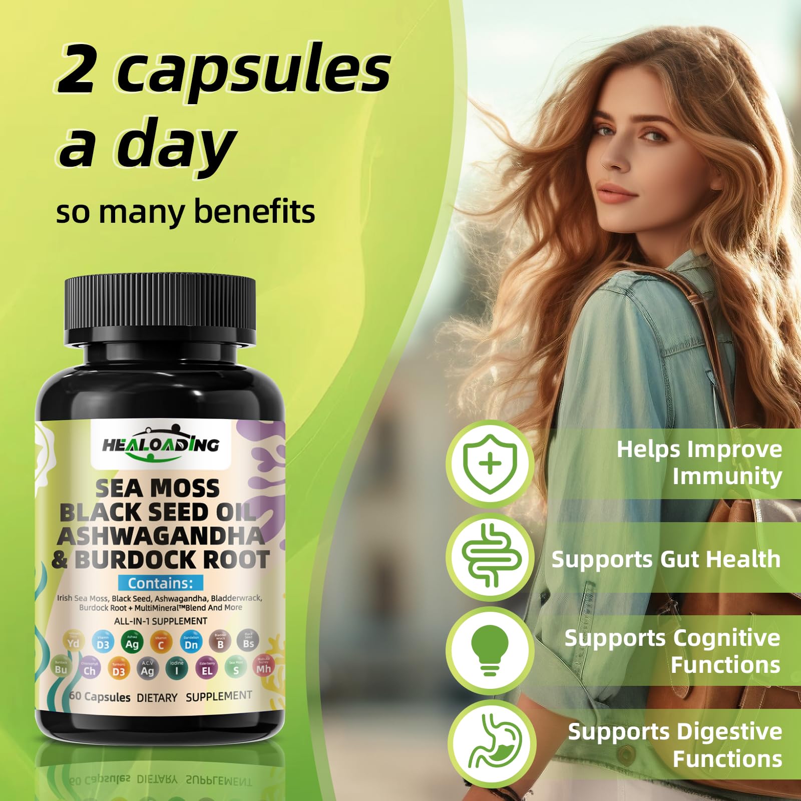 HEALOADING Sea Moss Capsules：Wildcrafted Organic Irish Seamoss & Bladderwack - Rich in Minerals, Supports Thyroid Health, Digestion, Skin & Immune System - Vegan, Non-GMO HEALOADING Au supplements