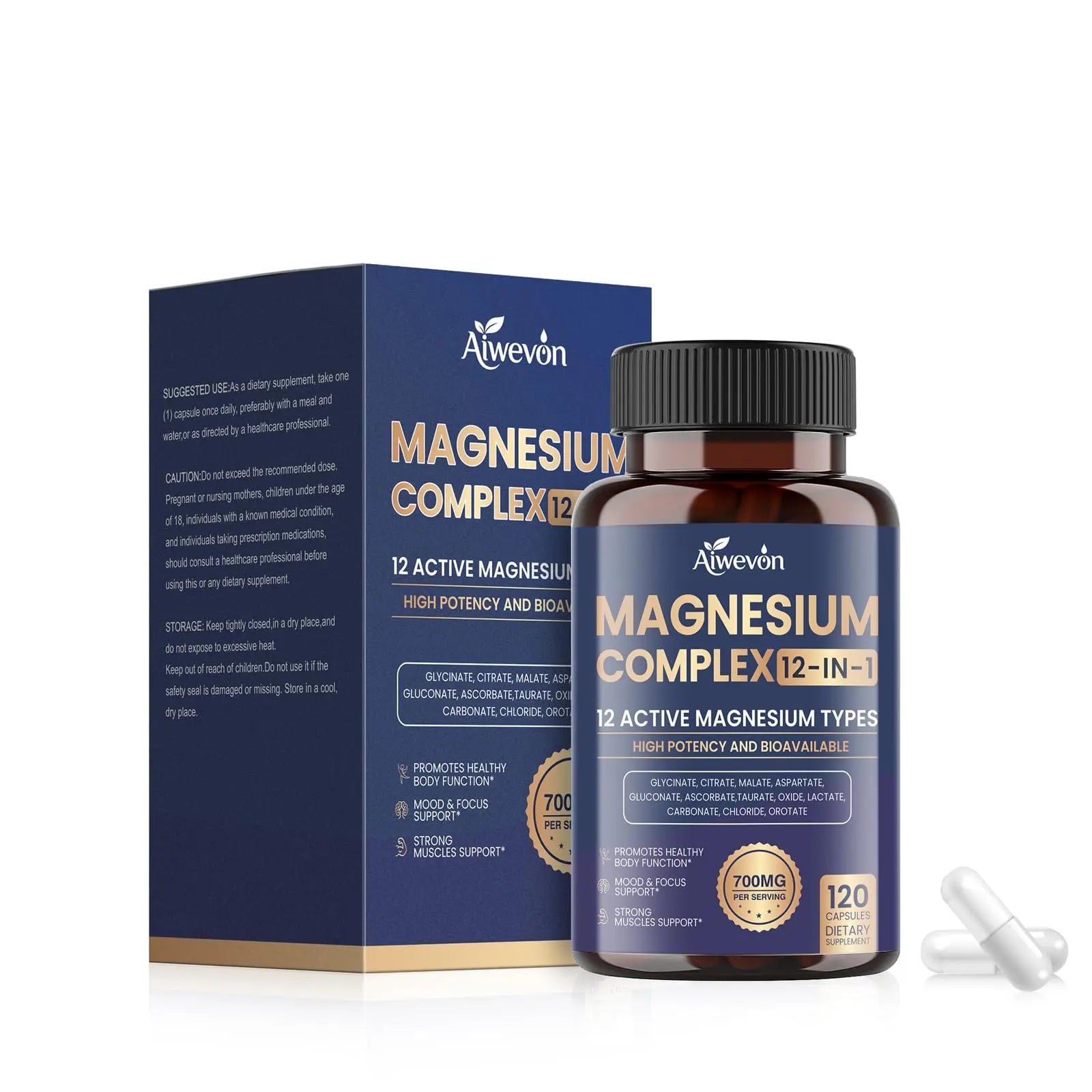 Magnesium Complex 700mg, 12 in 1 Magnesium Supplement with Glycinate, Citrate, Malate, Oxide, Taurate & Orotate, High Absorption Magnesium for Sleep, Muscle, Nerve & Heart Support, Vegan, 120 Capsules Aiwevon Au supplements