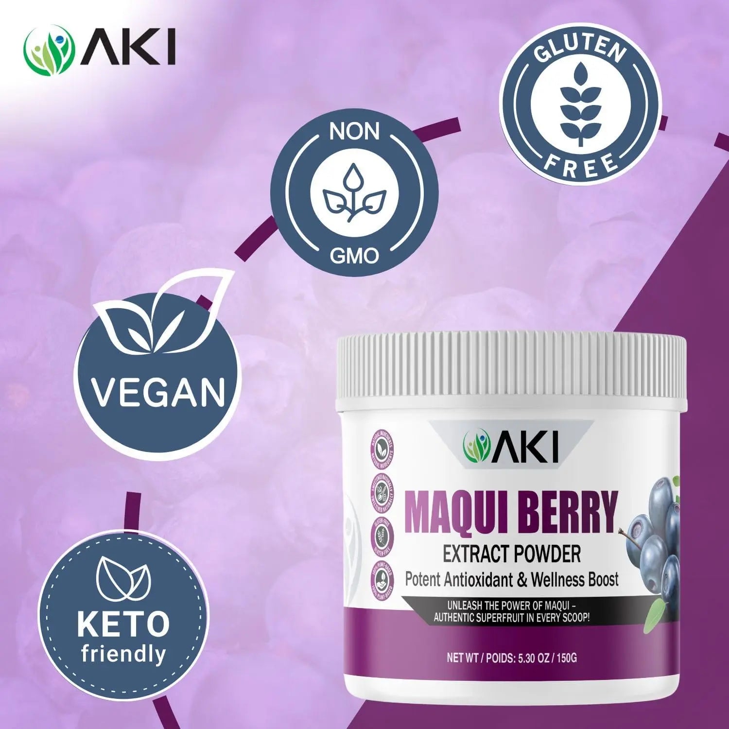 AKI Maqui Berry Extract Powder – Wild Harvested from Patagonia, High in Anthocyanins & Polyphenols, Freeze-Dried Superfruit for Smoothies, Non-GMO, Vegan, 150g/ 5.3 oz AKI ORGANIC Au supplements