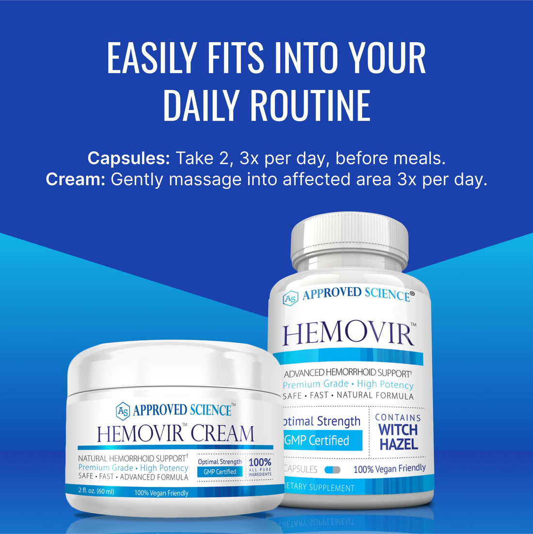Approved Science Hemovir - Hemorrhoid Capsules and Cream - Dual-Action Stops Itching and Optimizes Blood Flow - Internal and External Care - 45 Capsules + 2 Fl Oz - Vegan - Non GMO - Made in The USA Approved Science Au supplements
