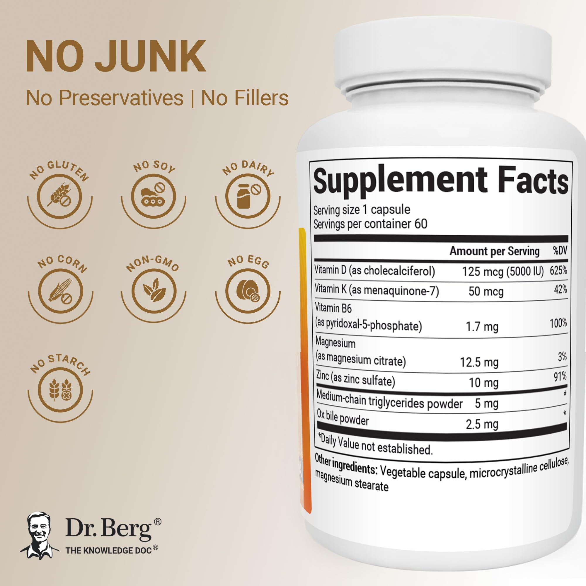 Dr. Berg Vitamin D3 & K2 5,000 IU + MK-7 – 60 Capsules – Immune, Bone & Heart Support* Supplement w/Magnesium, Zinc, B6 – 4X Lab-Tested – No Fillers – Non-GMO, cGMP, Formulated in USA Dr. Berg Nutritionals Au supplements