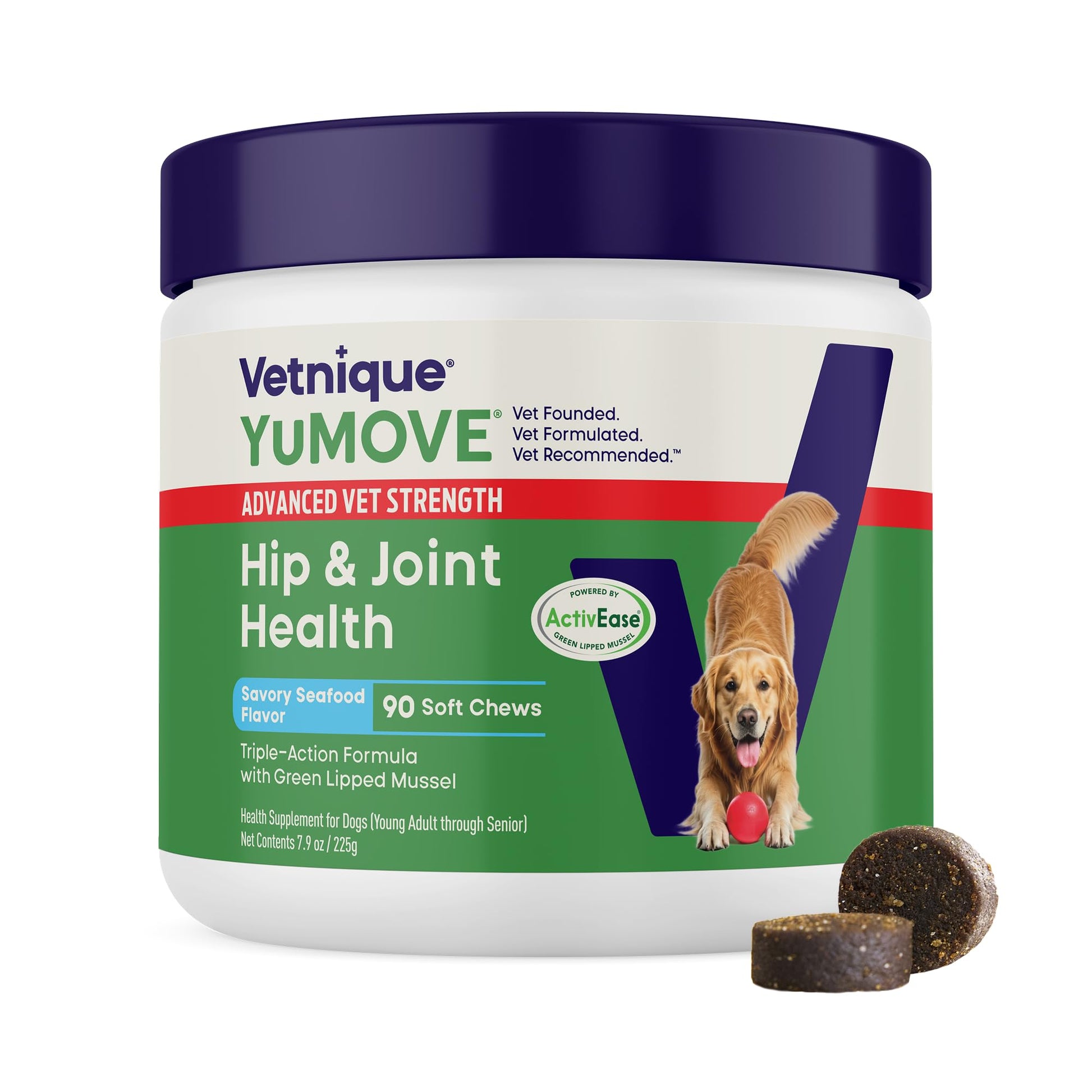 Yumove Hip & Joint Supplement for Dogs with Glucosamine, Hyaluronic Acid, Green Lipped Mussel & Omega 3 Joint Supplement - Regular or Advanced Strength (90 Count, Advanced Vet Strength Soft Chews) YuMOVE Au supplements
