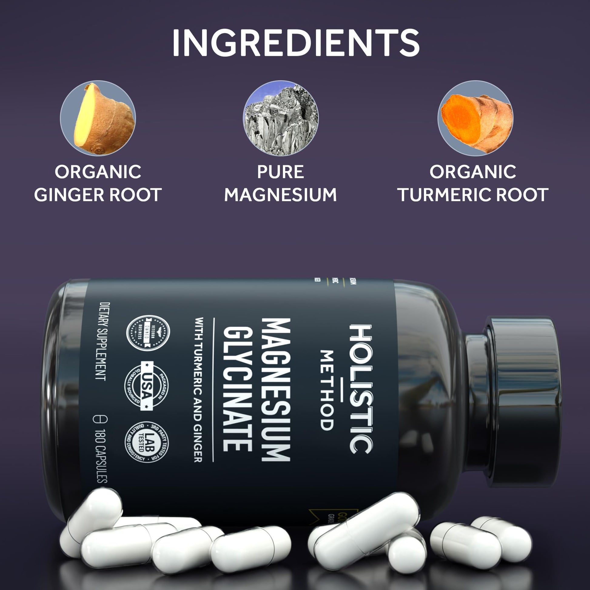 Magnesium Glycinate Capsules with Organic Turmeric and Ginger - 180 Vegan Capsules for Sleep, Relaxation, Muscle Cramps and Immune Support Holistic Method Au supplements