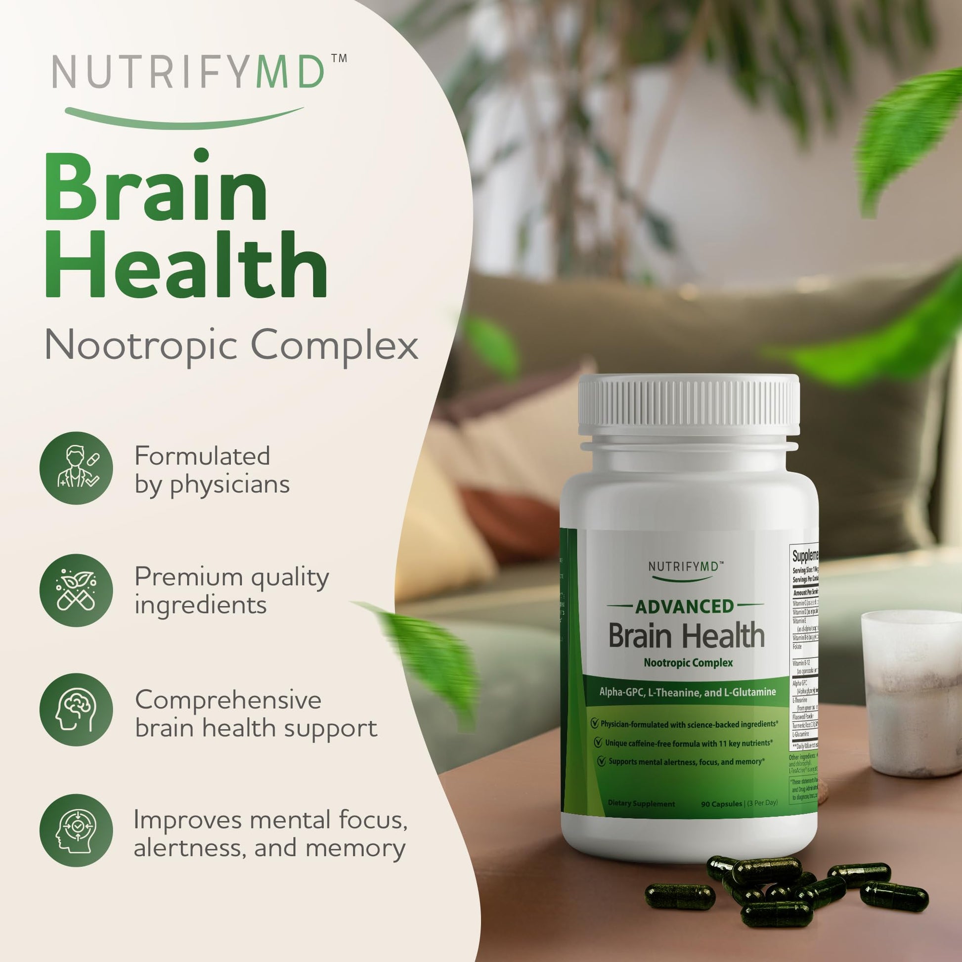 Advanced Brain Health Supplement with Alpha GPC, L-Theanine, L-Glutamine for Memory and Focus - 90 Capsules NutrifyMD Au supplements