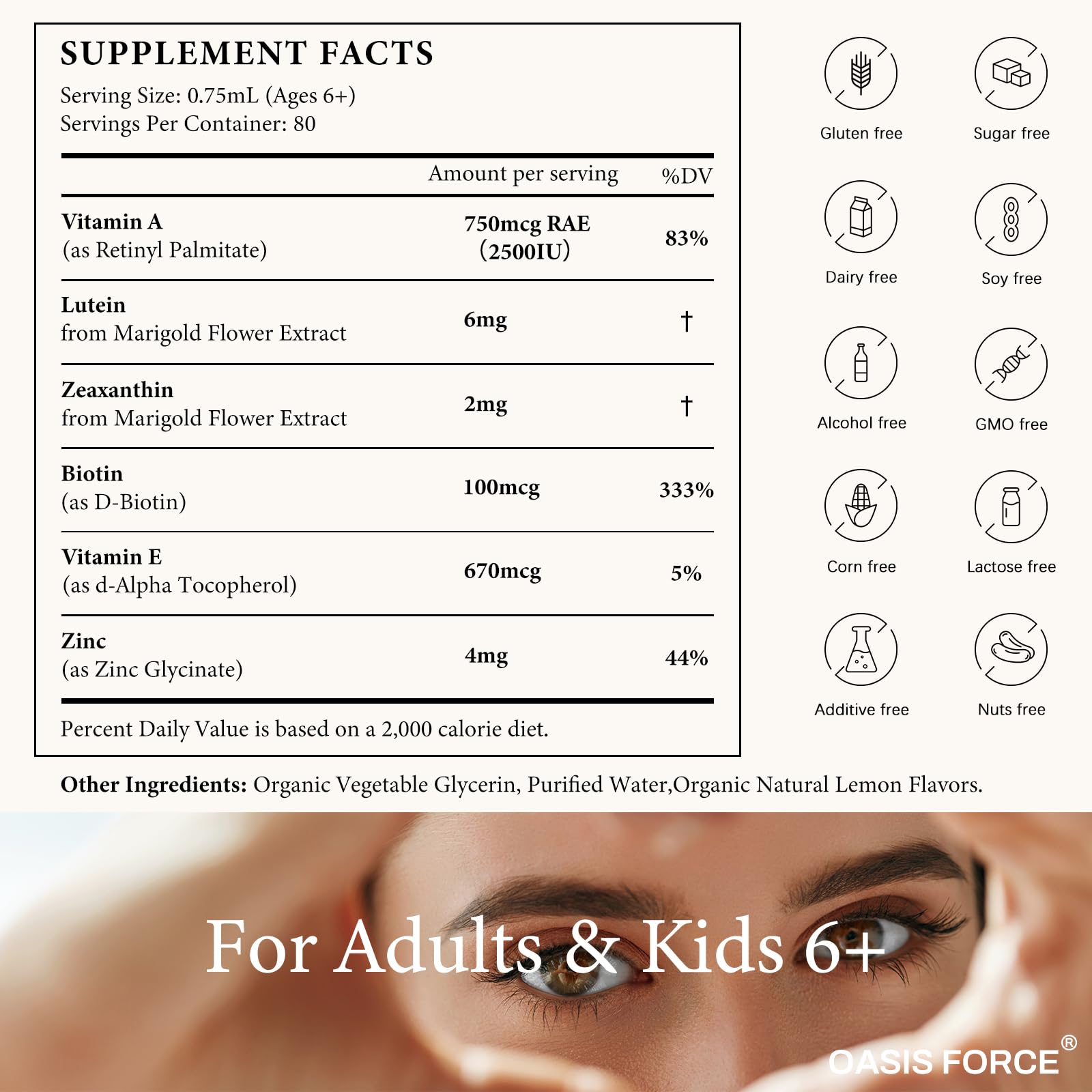 OASIS FORCE 6 in 1 Vitamin A Liquid Drops with Lutein & Zeaxanthin, Vita A Retinyl Palmitate for Skin, Vision & Immune Support, Adults & Kids Ages 6+, Vegan, Non-GMO, 2 Fl Oz OASIS FORCE Au supplements