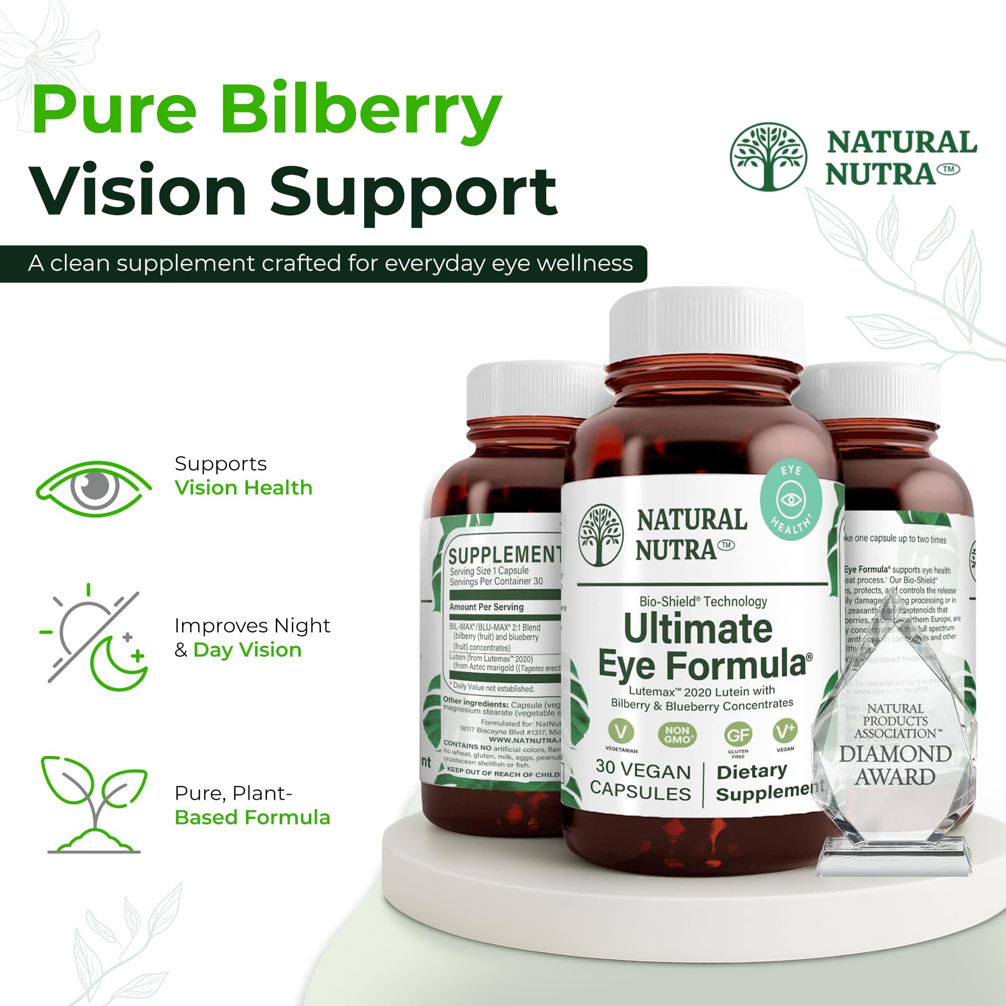 Natural Nutra Ultimate Eye Health Supplement - Bilberry & Blueberry Extract Blend for Day and Night Vision Support, Promotes Color Perception & Eye Clarity - Non-GMO, Vegan - 30 Capsules (Pack of 3) Natural Nutra Au supplements