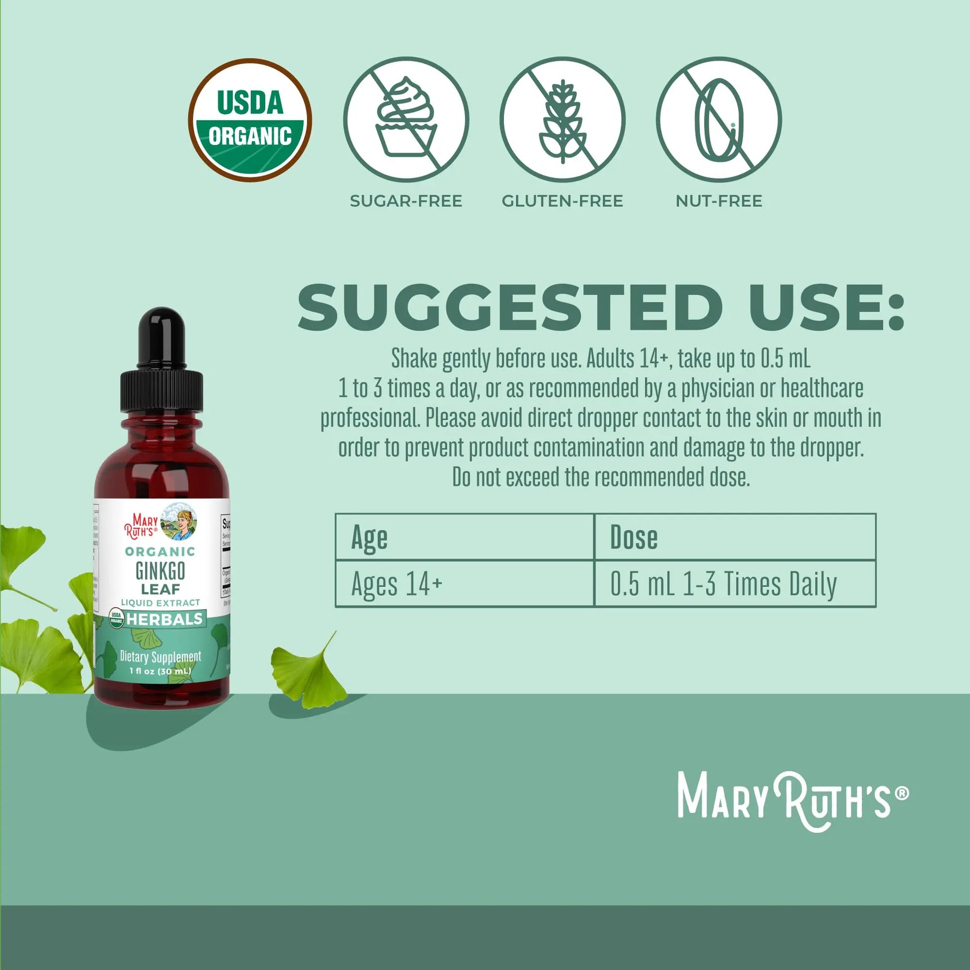MaryRuth Organics Ginkgo Leaf Liquid Drops | Herbal Supplement | Nootropic | Circulatory System & Nervous System Health | USDA Organic | Non-GMO | Vegan | 60 Servings MARYRUTH'S Au supplements