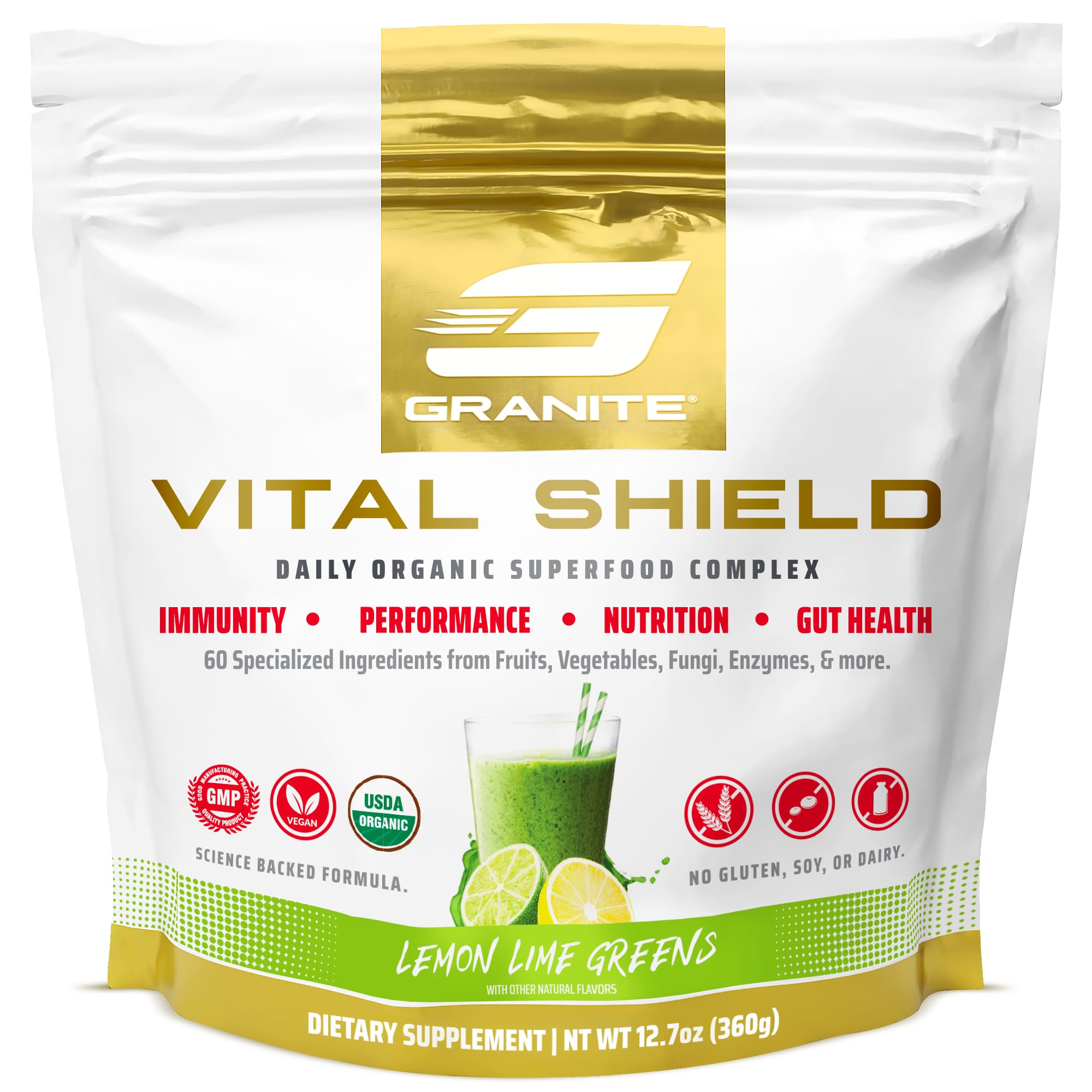 Granite Nutrition Vital Shield - USDA Organic Superfood Greens with Mushrooms & Tart Cherry – Supports Energy, Immune Function & Digestive Health – Lemon Lime Flavor (30 Servings) Granite Supplements Au supplements