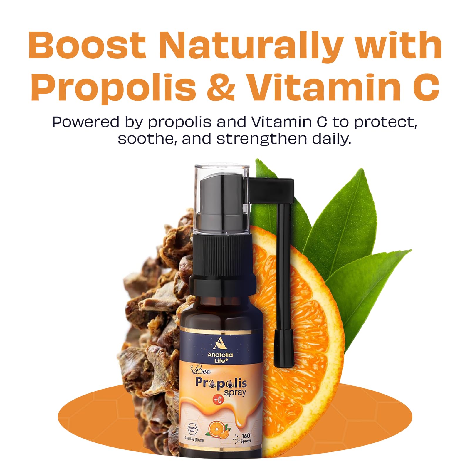 Anatolia Life Bee Propolis Spray + Vitamin C – Alcohol-Free, Natural Orange Flavor, 100% Pure Bee Propolis Extract, Antioxidant Support, Gentle Throat Comfort – 20 ml (~160 Sprays) Anatolia Life Au supplements
