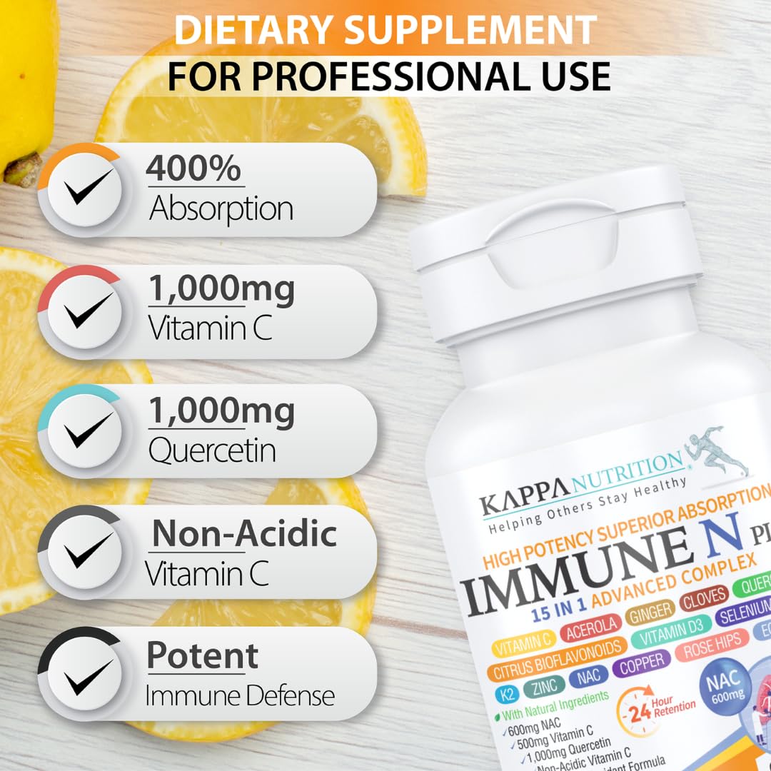 (90 Capsules), NAC 600mg, Quercetin 1,000mg, Vitamin C 500mg, Zinc 50mg, Vitamin D3 5,000iu, Selenium, Copper, Acerola, Ginger, Rutin, Citrus Bioflavonoids, Rose Hips, Echinacea, Immune N Plus 15 in 1 KAPPA NUTRITION Au supplements