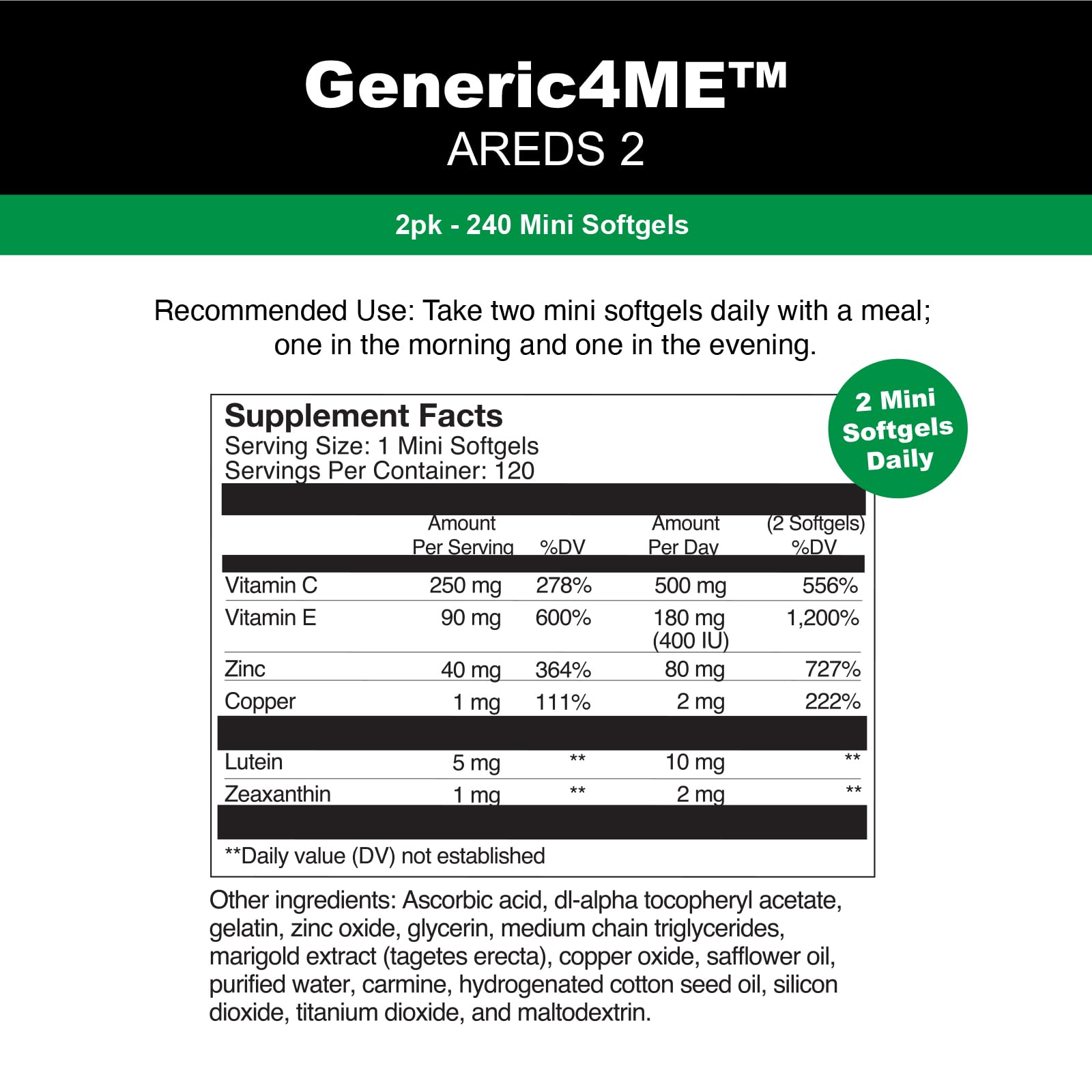 GENERIC4ME AREDS 2 SoftGels, 500 mg Vitamin C, 400 IU Vitamin E, 10 mg Lutein, 2 mg Zeaxanthin, 80 mg Zinc, 2 mg Copper - Supports Eye Health - 120 Mini SoftGels (Two Month Supply) Generic4ME Au supplements