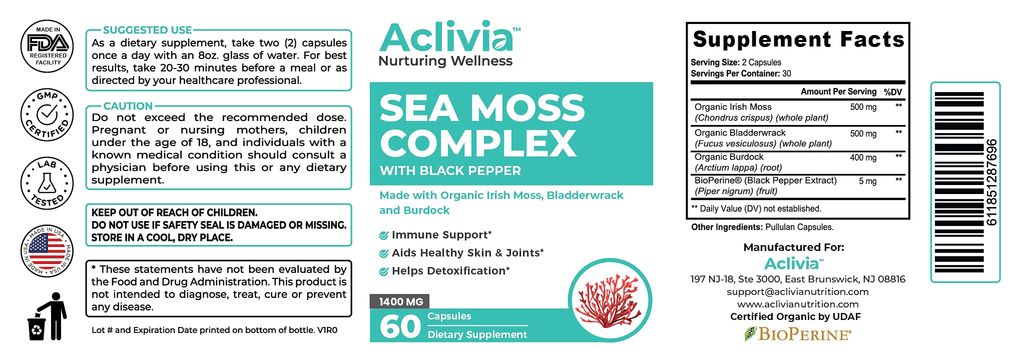 Aclivia - Organic Irish Sea Moss Capsules with Bladderwrack & Burdock Root - 102 Minerals Sea Moss Supplement - Thyroid Support, Immune Boost - Non-GMO (60 Count) Aclivia Au supplements