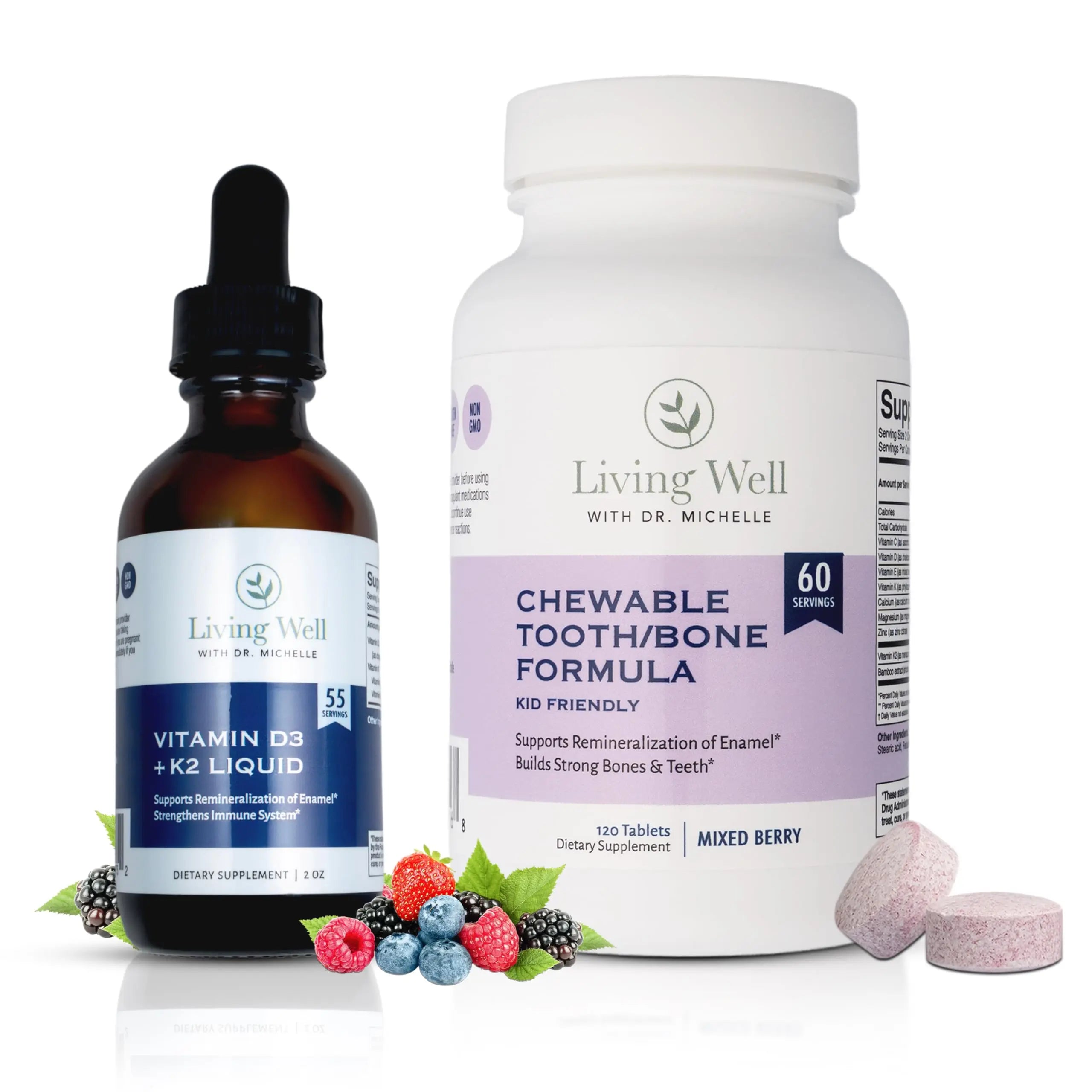 Kids Tooth & Bone Support Bundle | Chewable Calcium + D3 K2 & Liquid Vitamin D Supplement | Dentist-Developed | Strong Teeth, Enamel & Bone Health for Kids | Fluoride-Free, Non-GMO, Gluten-Free Living Well with Dr. Michelle Au supplements