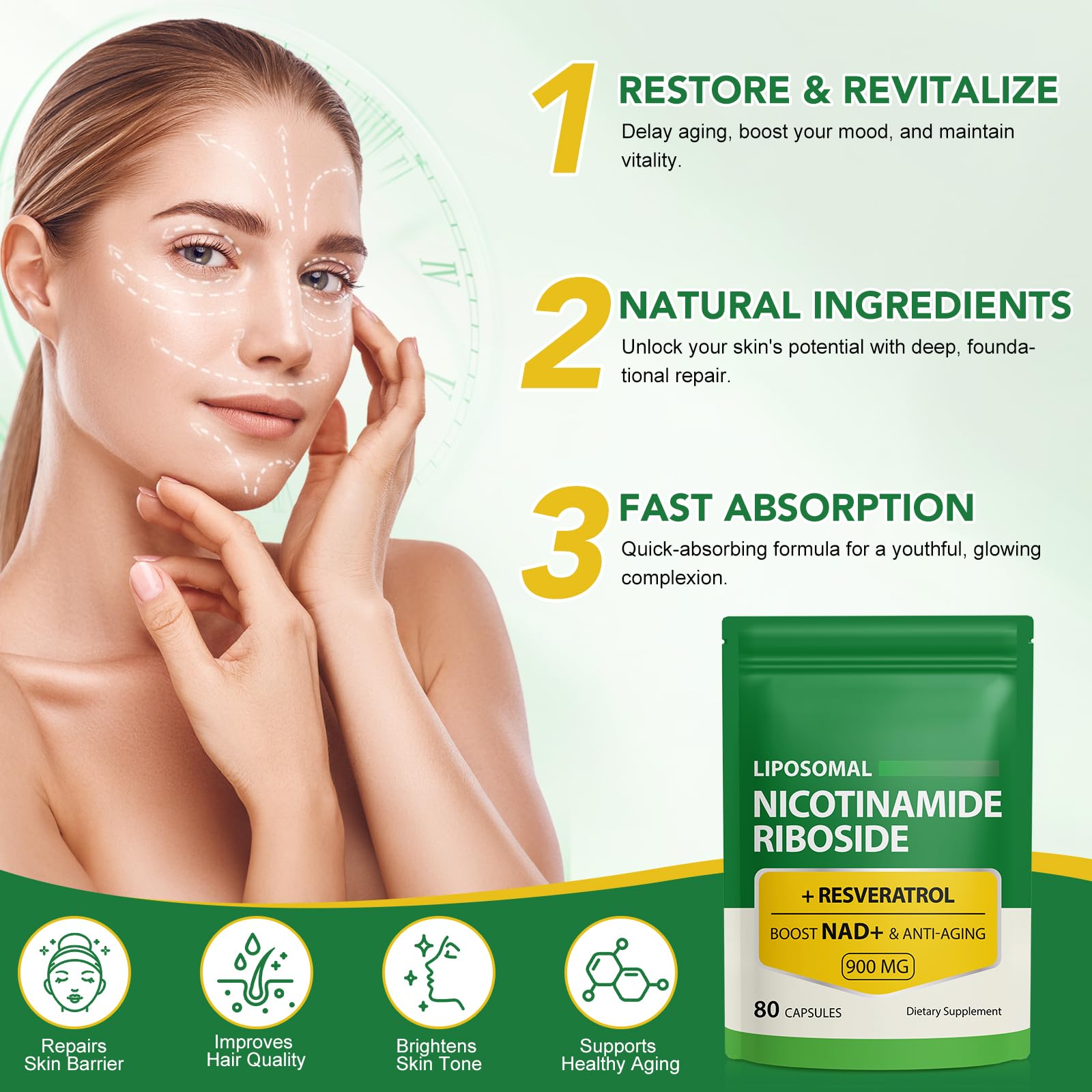 Daiasns NAD+ Supplement 900mg - Liposomal Nicotinamide Riboside & Resveratrol, Supports Muscle, Brain, Cellular Energy - NMN Supplement Alternative for Men and Women, 80 Capsules (Pack of 1) Daiasns Au supplements