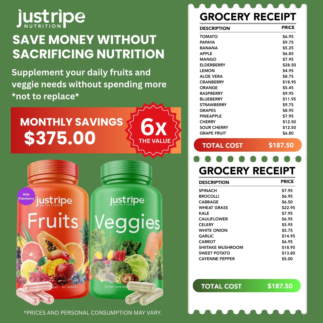 Fruits and Veggies Supplement - 90 Fruit and 90 Vegetable Capsules - 100% Whole Natural Superfood - Filled with Super Greens Vitamins and Minerals - Supports Balance Energy Levels (1 Pack) Just Ripe Nutrition Au supplements