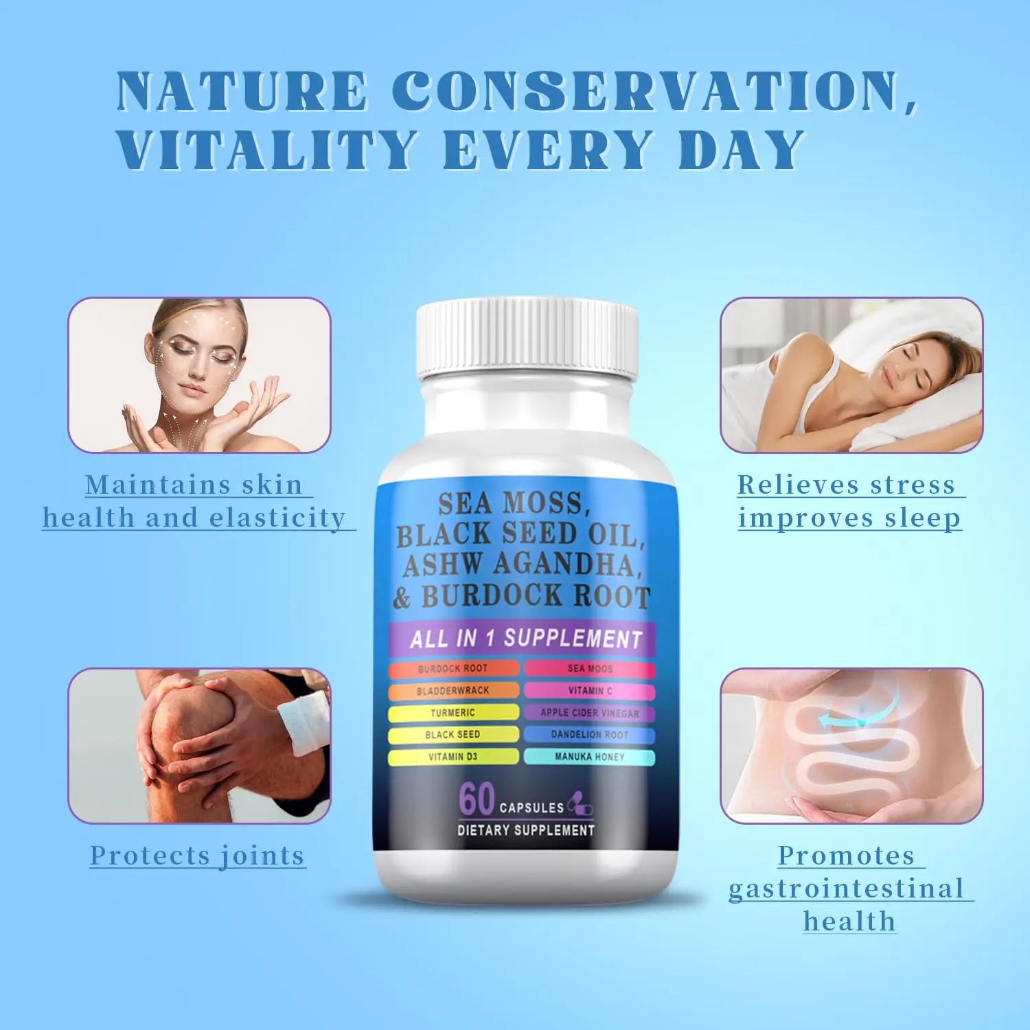 Pyzor Sea Moss Black Seed Oil Ashwagandha Turmeric Bladderwrack Burdock, Elderberry Manuka Dandelion, Burdock Root Turmeric Vitamin D3 Chlorophyll - 60 Capsules Pyzor Au supplements
