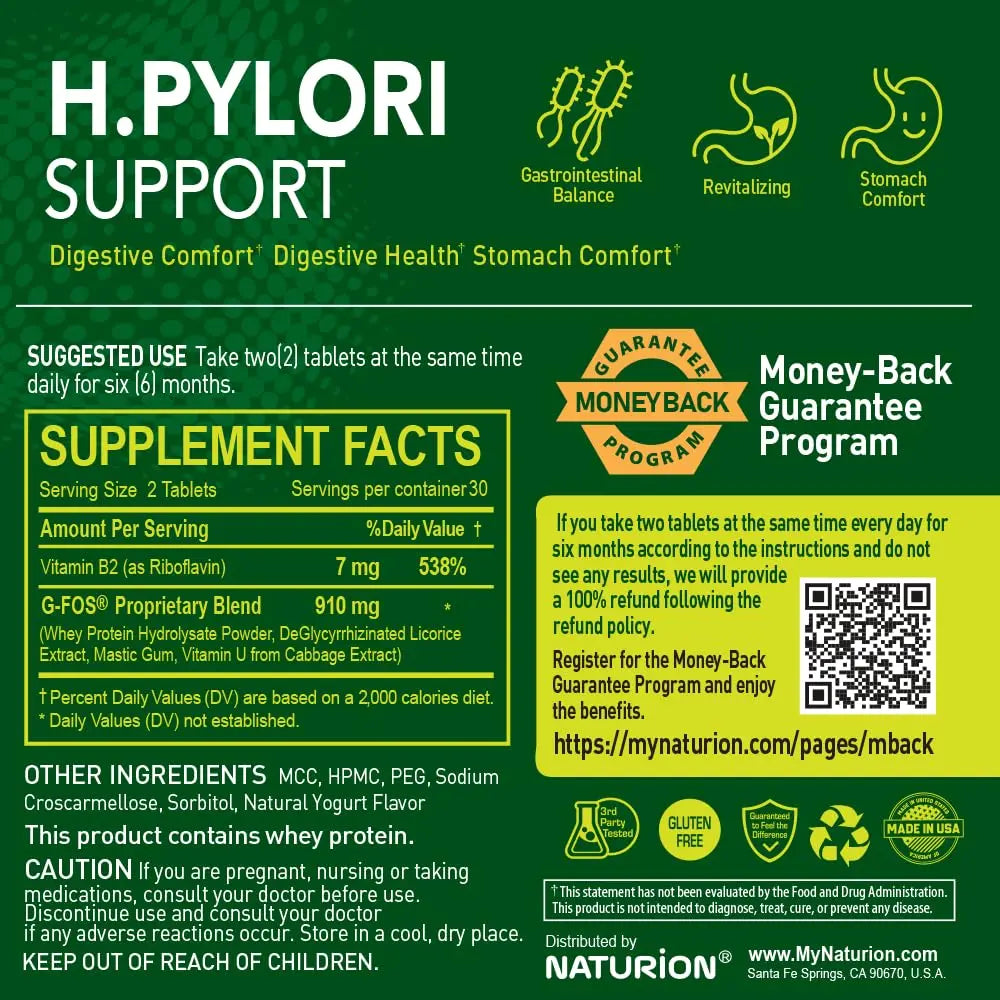 NATURION H. Pylori Support - Digestive Health Supplement with G-FOS Blend, Whey Protein, Licorice, Mastic Gum, Vitamin U, and Vitamin B2 - Stomach Comfort & Gut Balance - 60 Tablets, 30 Day Supply NATURION Au supplements