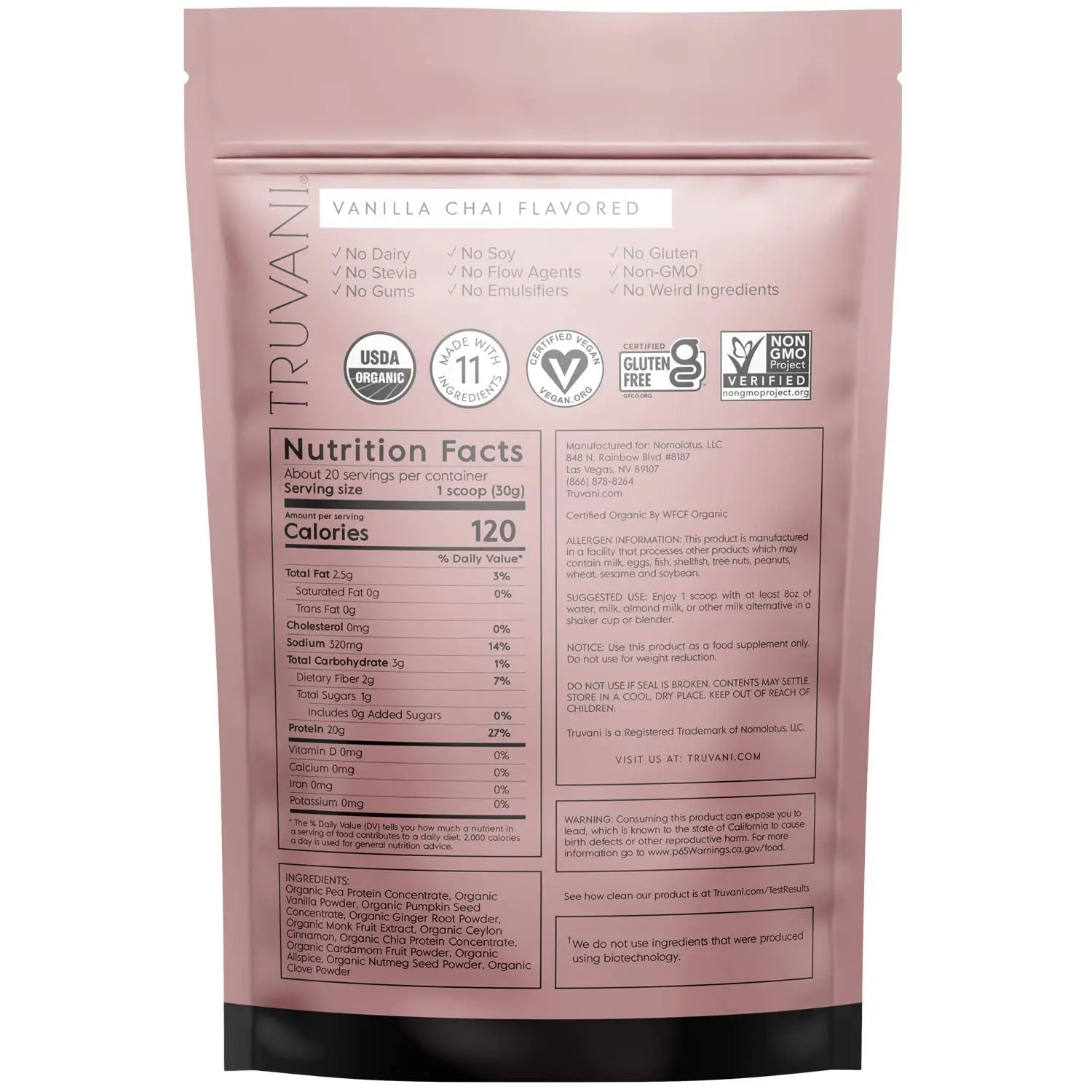 Truvani Organic Vegan Protein Powder Vanilla Chai - 20g of Plant Based Protein, Organic Truvani Au supplements