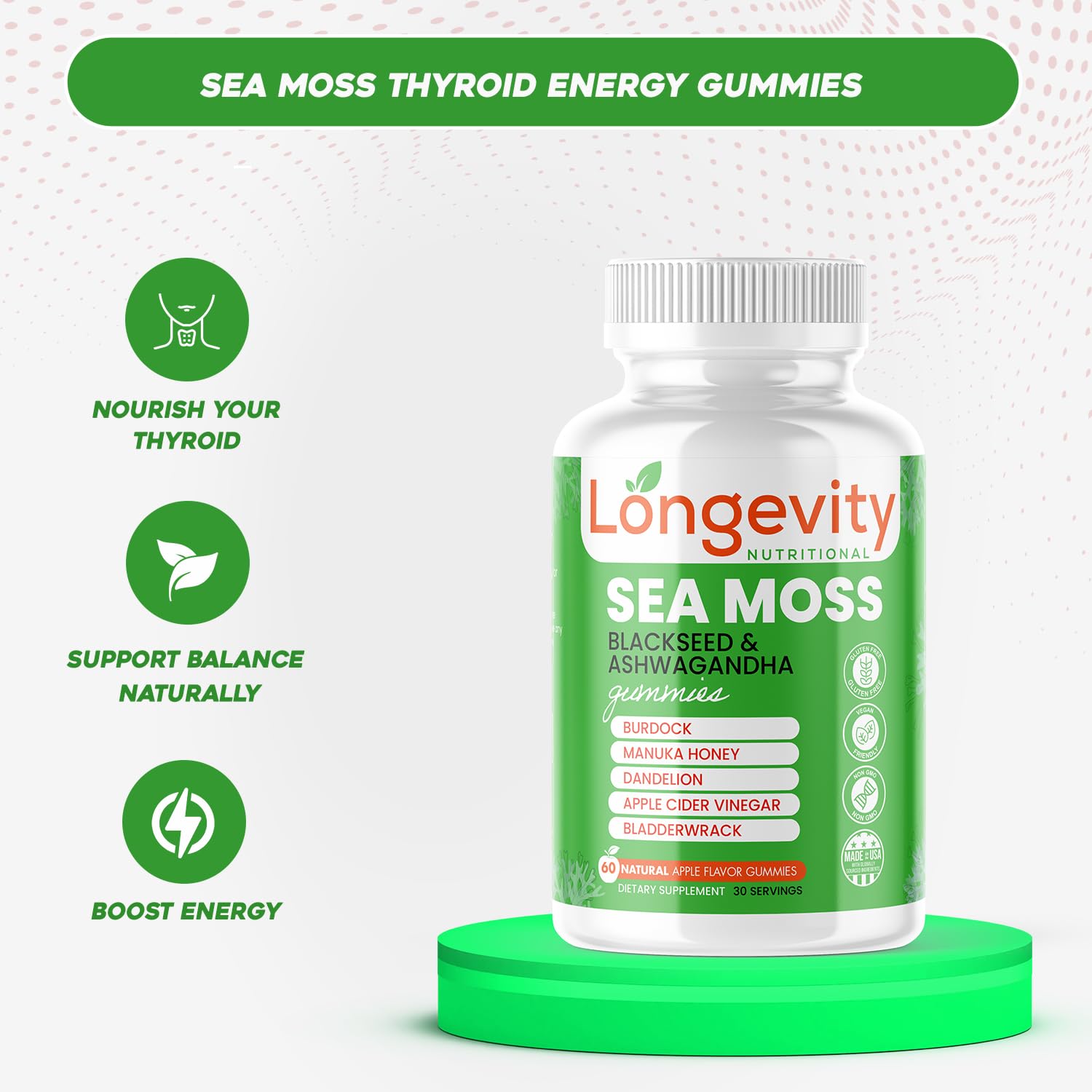 Longevity Nutritional Sea Moss, Thyroid Energy Vitamins Mineral Burdock Manuka Honey Dandelion Apple Cider Bladderwrack Ashwagandha Extract Turmeric Antioxidant Boost Immune Superfood Gummies Longevity Nutritional Au supplements