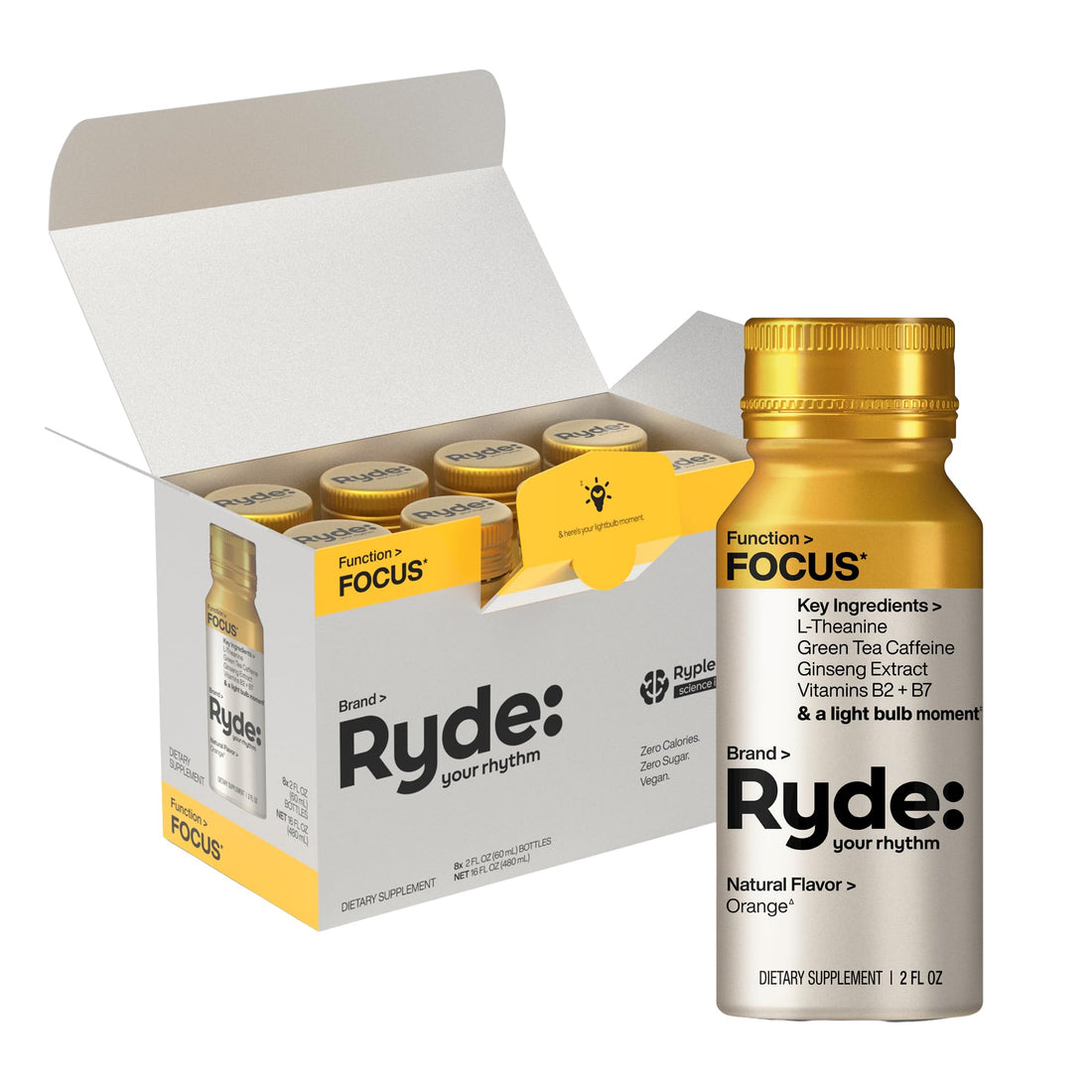 Ryde: Focus Shot | Orange Flavor | L-Theanine & Ginseng | Green Tea Caffeine | Vitamins B2 & B7 | 0 Calories, 0 Sugar | 2 FL OZ Shots | Supports Focus* (8 Pack) RYDE Au supplements
