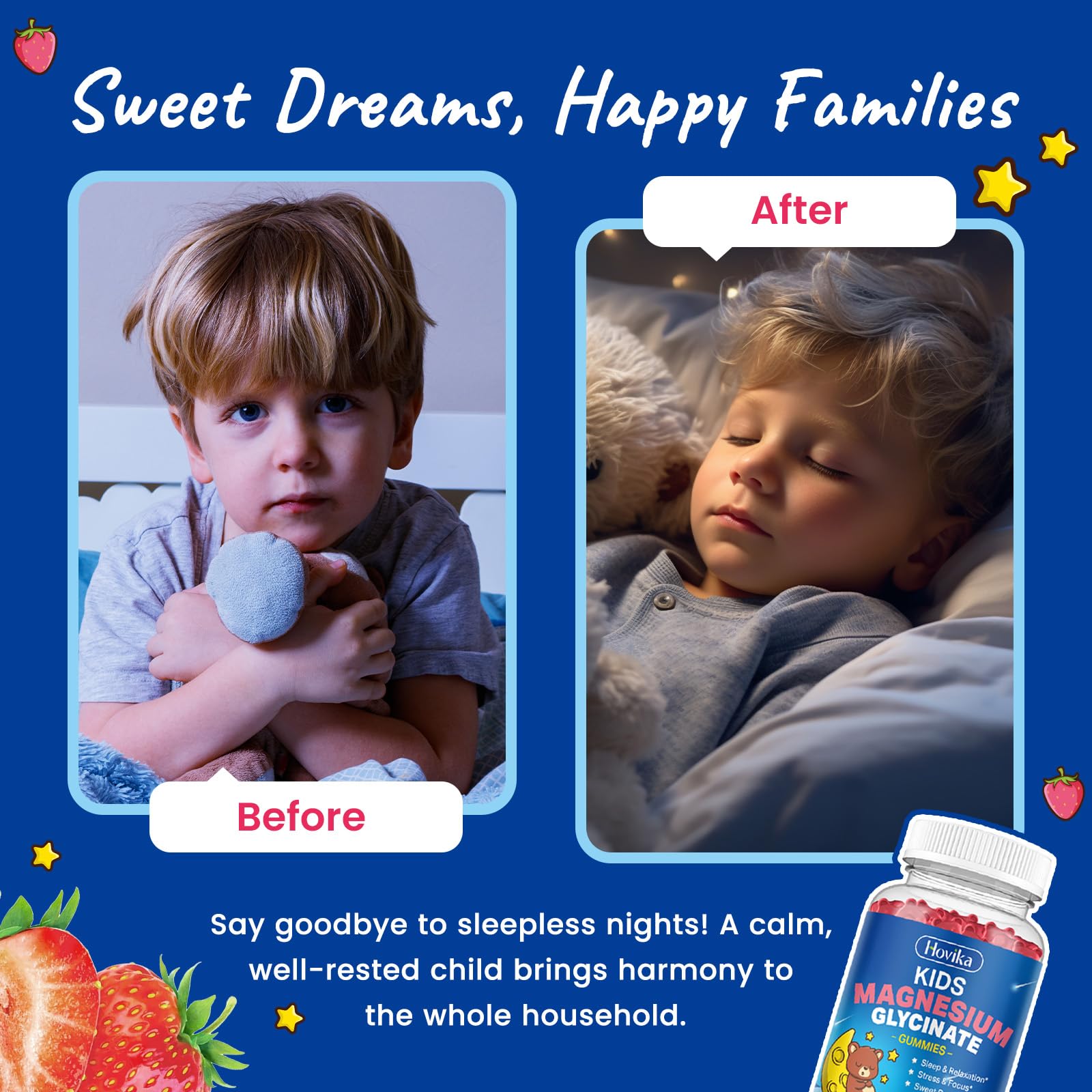 Magnesium Glycinate Gummies for Kids - with L-Theanine, Omega-3, Vitamin B6, D3, Zinc - Kids Magnesium Gummies for Sleep, Relaxation, Calm & Focus - Sugar Free Strawberry 60ct Hovika Au supplements