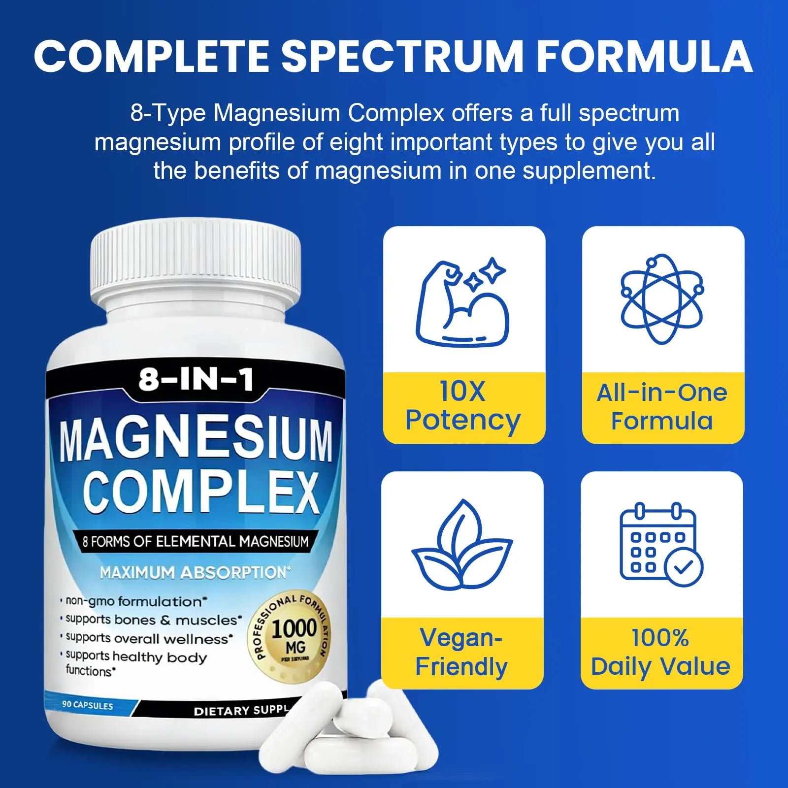 Magnesium Complex Supplement 8-in-1 Elemental 1000mg, Magnesium Glycinate, Malate & Citrate, Vegan, Non-GMO 90 Capsules MIRACLE OFFICIAL Au supplements