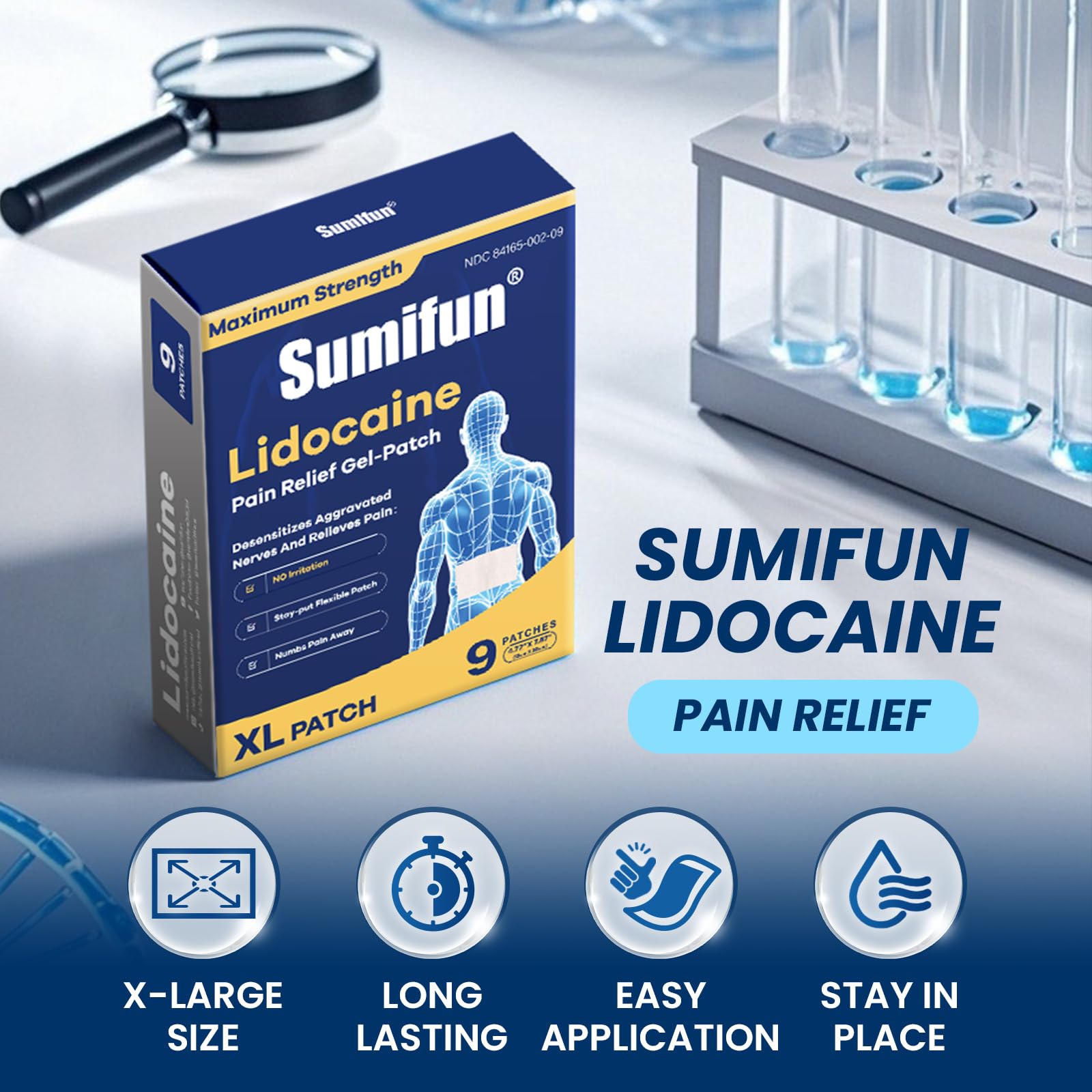 Sumifun 4% Lidocaine XL Pain Patches | Extra Large 4.72"x7.87" for Full Back & Thigh Coverage | Maximum Strength OTC Numbing | 8-Hour Medical Adhesion (X-Large, Count, 9) Sumifun Au supplements