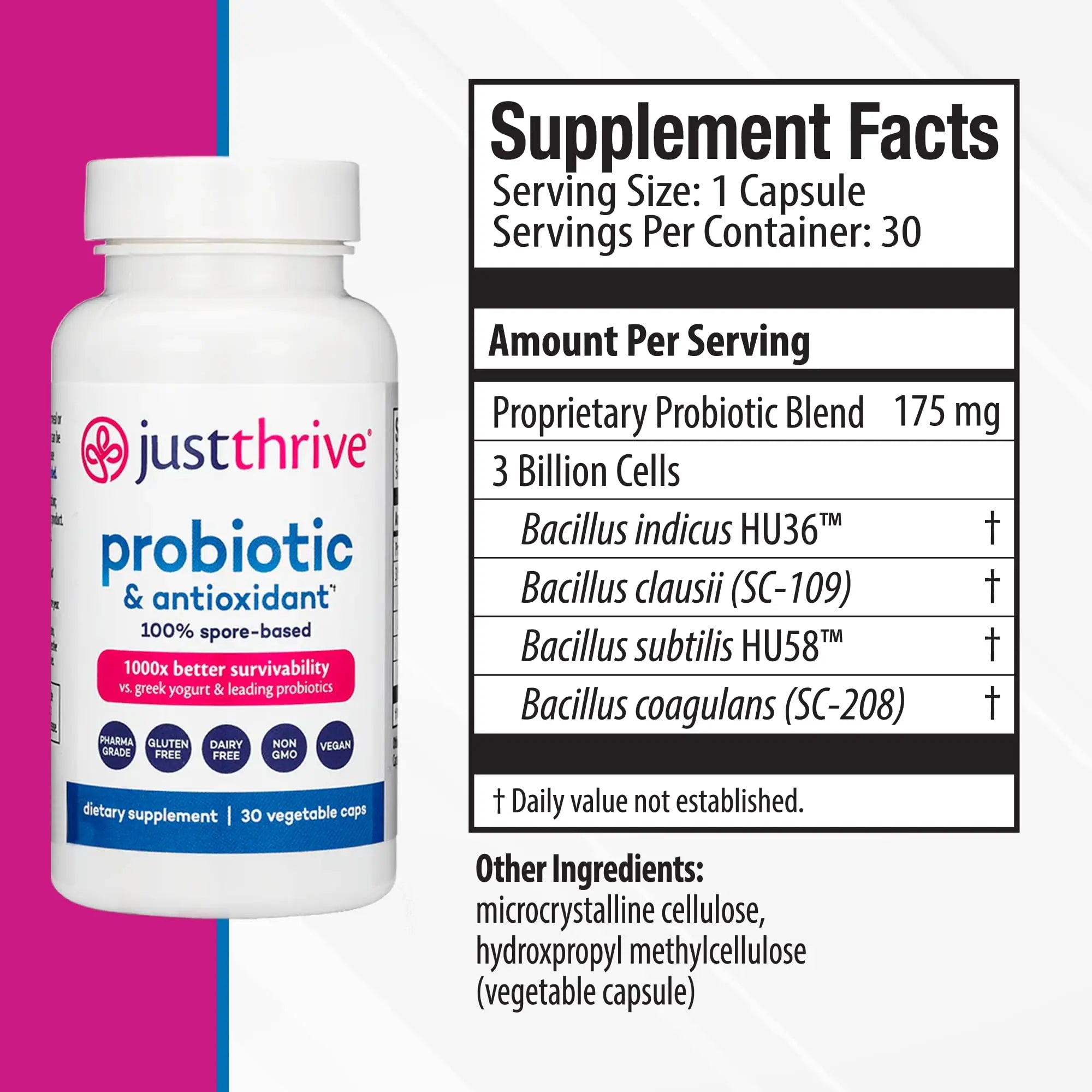 Just Thrive Probiotic & Antioxidant Supplement - 100% Spore-Based Digestive and Immune Support - Gluten Free, 30 Caps Just Thrive Au supplements