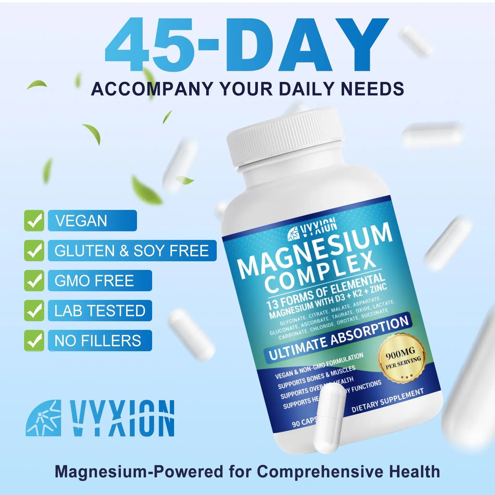 VYXION Magnesium Complex 900mg per Serving – High Absorption Magnesium Glycinate with Vitamin D3 K2 Zinc & B Vitamins – Sleep, Calm, Muscle & Nerve Support – 90 Capsules Vyxion Au supplements