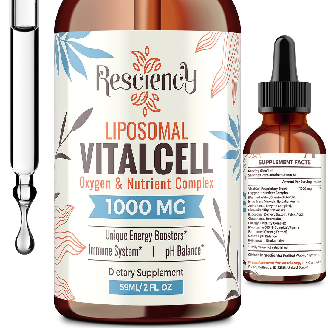 13-in-1 Liquid Oxygen Boost & Nutrient Supplement, Liposomal Optimized-Delivery Blend with Trace Minerals, Amino Acids, CoQ10, B Vitamins & Fulvic Acid, Daily Wellness Liquid Oxygen Drops, 2 fl oz Resciency Au supplements