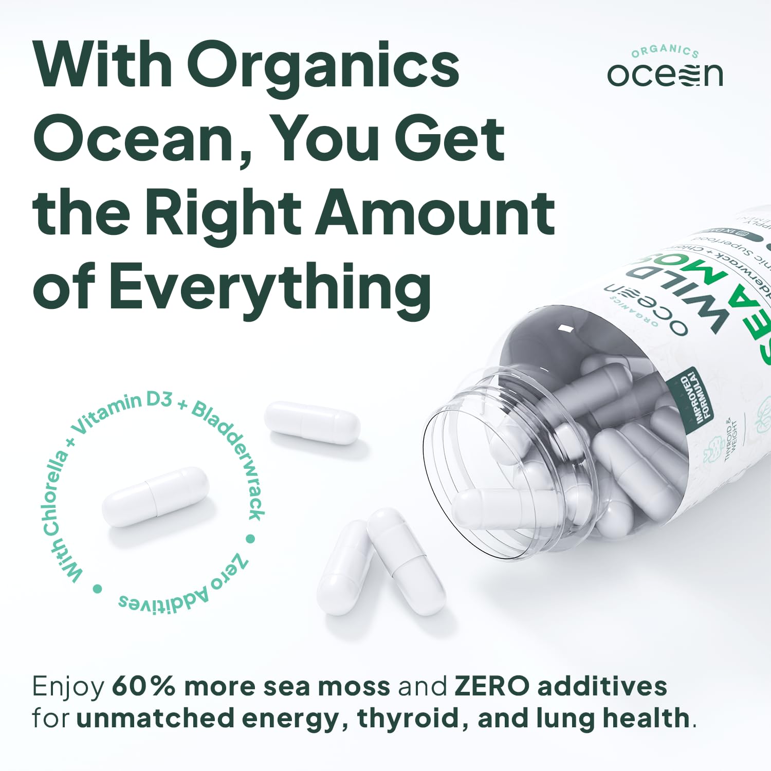 Organics Ocean Wild Sea Moss Capsules - 100% Organic Irish Sea Moss with Organic Chlorella, Bladderwrack and Vitamin D for Energy, Lung Health and Thyroid Support for Women and Men - 60 Capsules Organics Ocean Au supplements