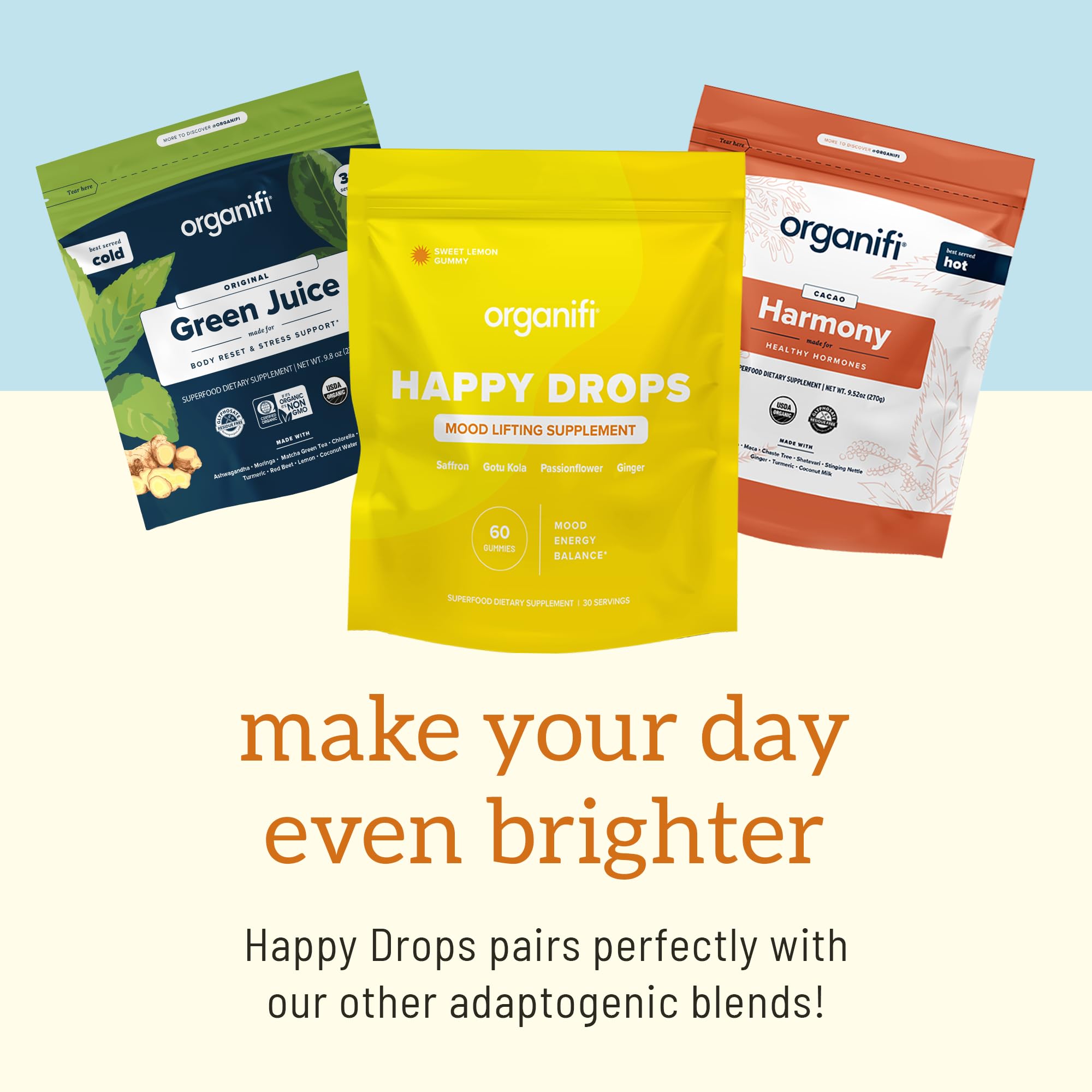 Organifi Happy Drops - Daily Superfood Happy Gummies for Adults - Mood Support Supplement for Balance, Bliss, Energy and Taking the Edge Off - Sweet Lemon Flavor - 60 Gummies Organifi Au supplements