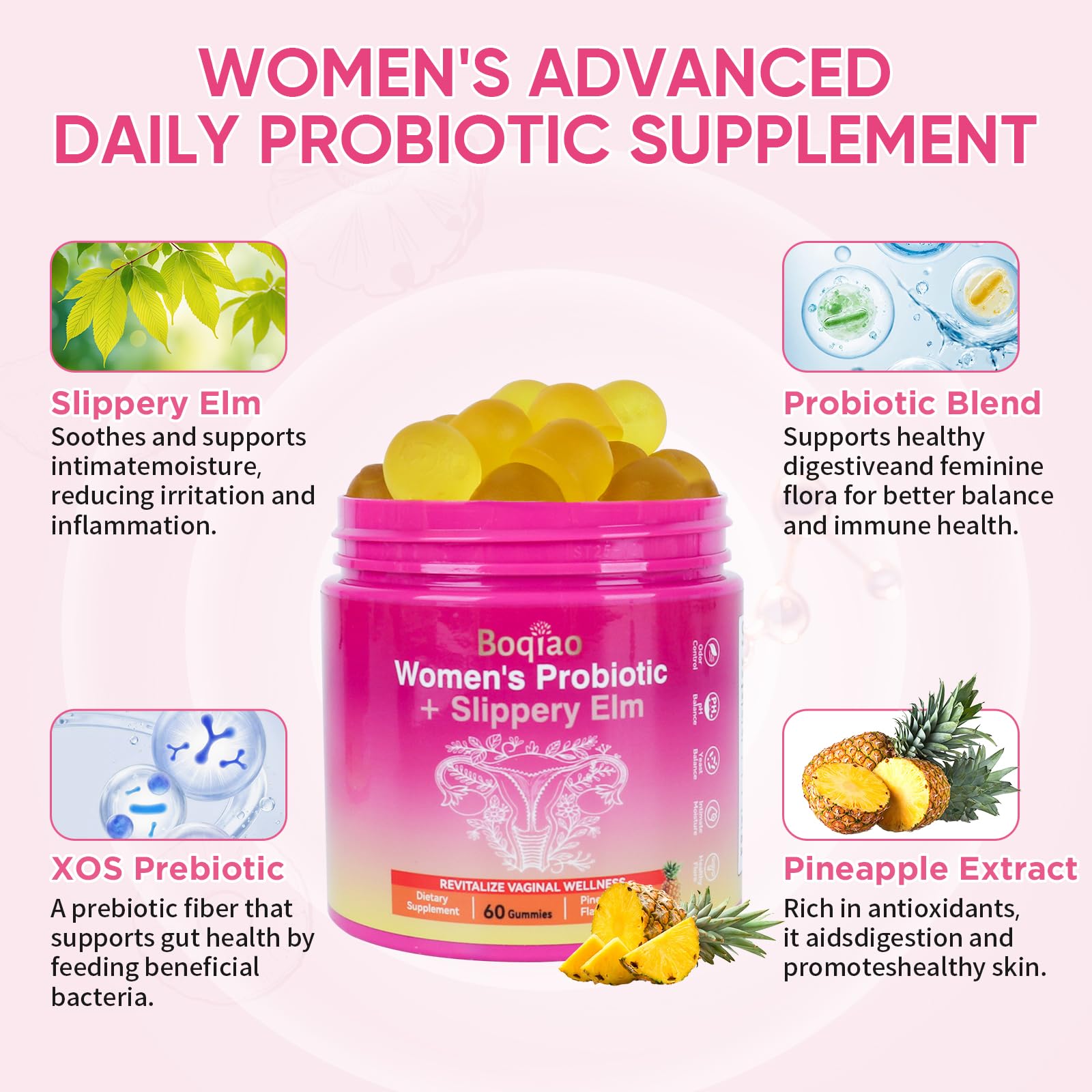 Feminine Probiotics Gummies with Slippery Elm - 60 Pineapple Gummies for Women ph Balance, Vaginal Probiotics Supports Flora, Gut Health & Immune System, Prebiotics & Lactobacillus Blend (Pineapple) Boqiao Au supplements