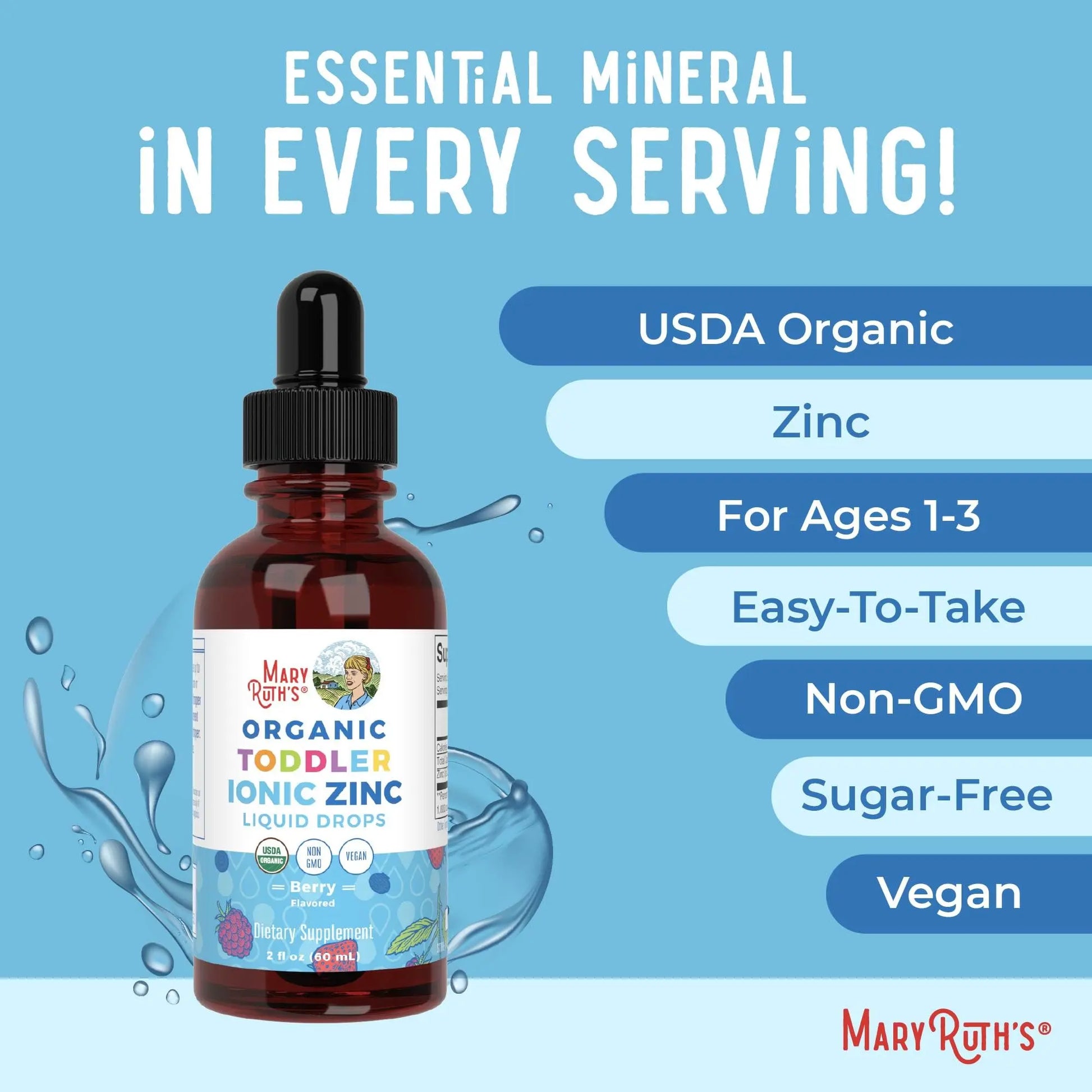 MaryRuth Organics USDA Toddler Liquid Drops | Zinc Sulfate | Immune Support Supplement| Skin Health | Vegan | Formulated for Ages 1-3 | Delicious Berry Flavor | 1 Month Supply | 2 Fl Oz MARYRUTH'S Au supplements
