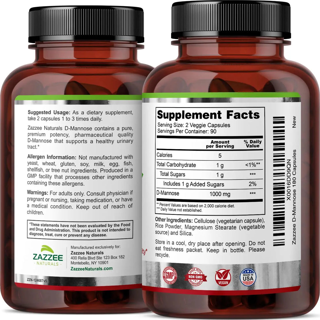 Zazzee D-Mannose, 1000 mg per Serving, 180 Vegan Capsules, 3 Month Supply, Potent Zazzee Au supplements