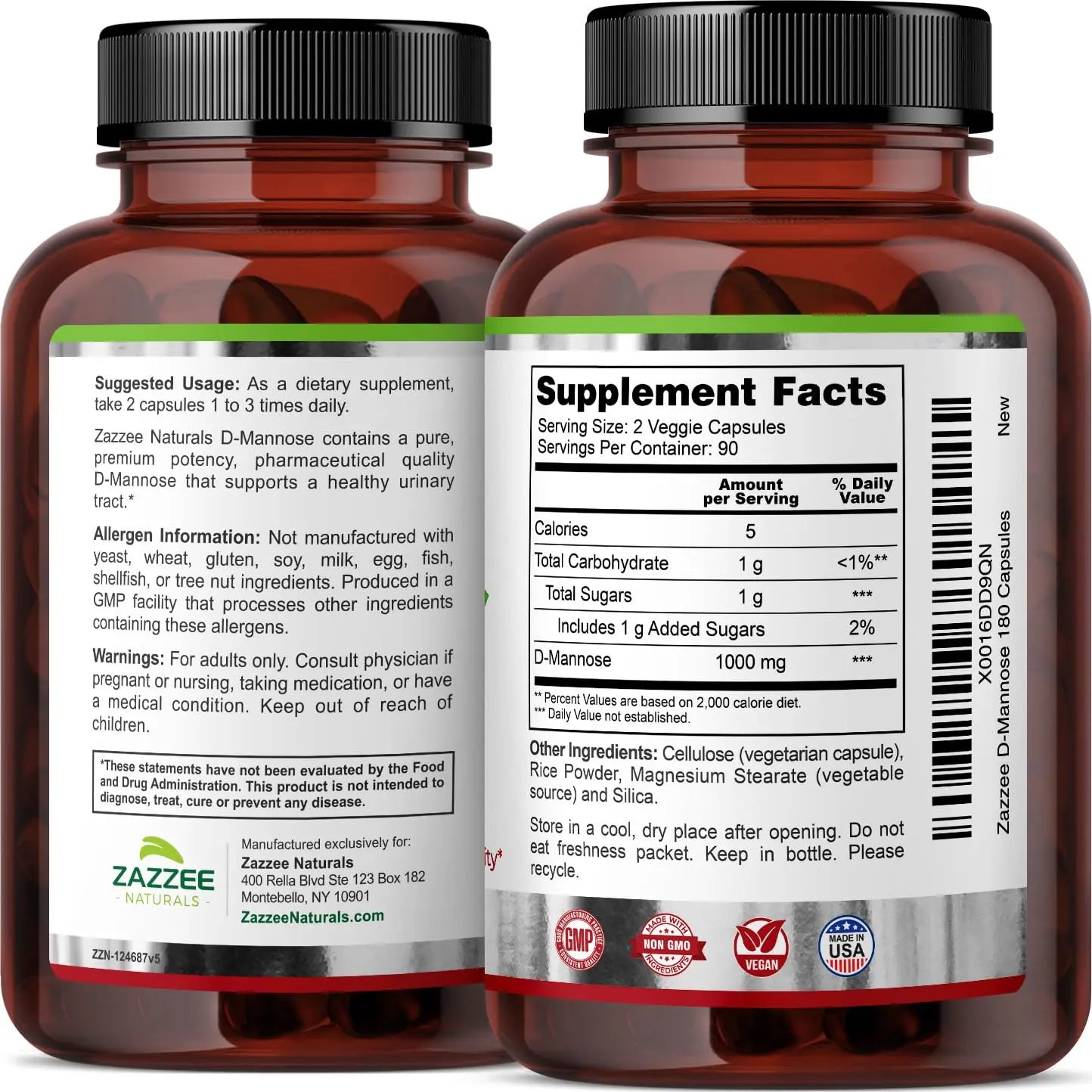 Zazzee D-Mannose, 1000 mg per Serving, 180 Vegan Capsules, 3 Month Supply, Potent Zazzee Au supplements