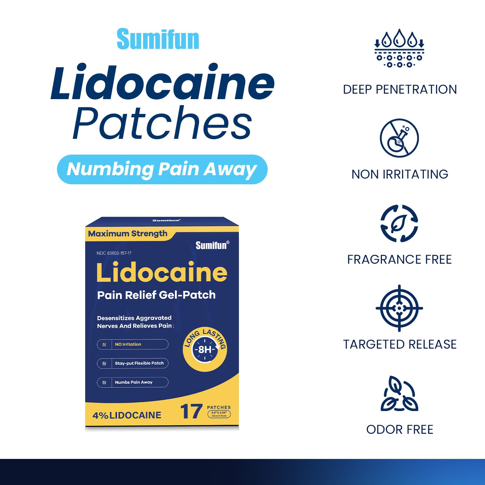 Sumifun 4% Lidocaine Patches Maximum Strength - Pain Relieving Gel Patch for Muscle Soreness, Back Ache, Knee, Neck & Joint Pains - Topical Analgesic (Large, Count, 17) Sumifun Au supplements