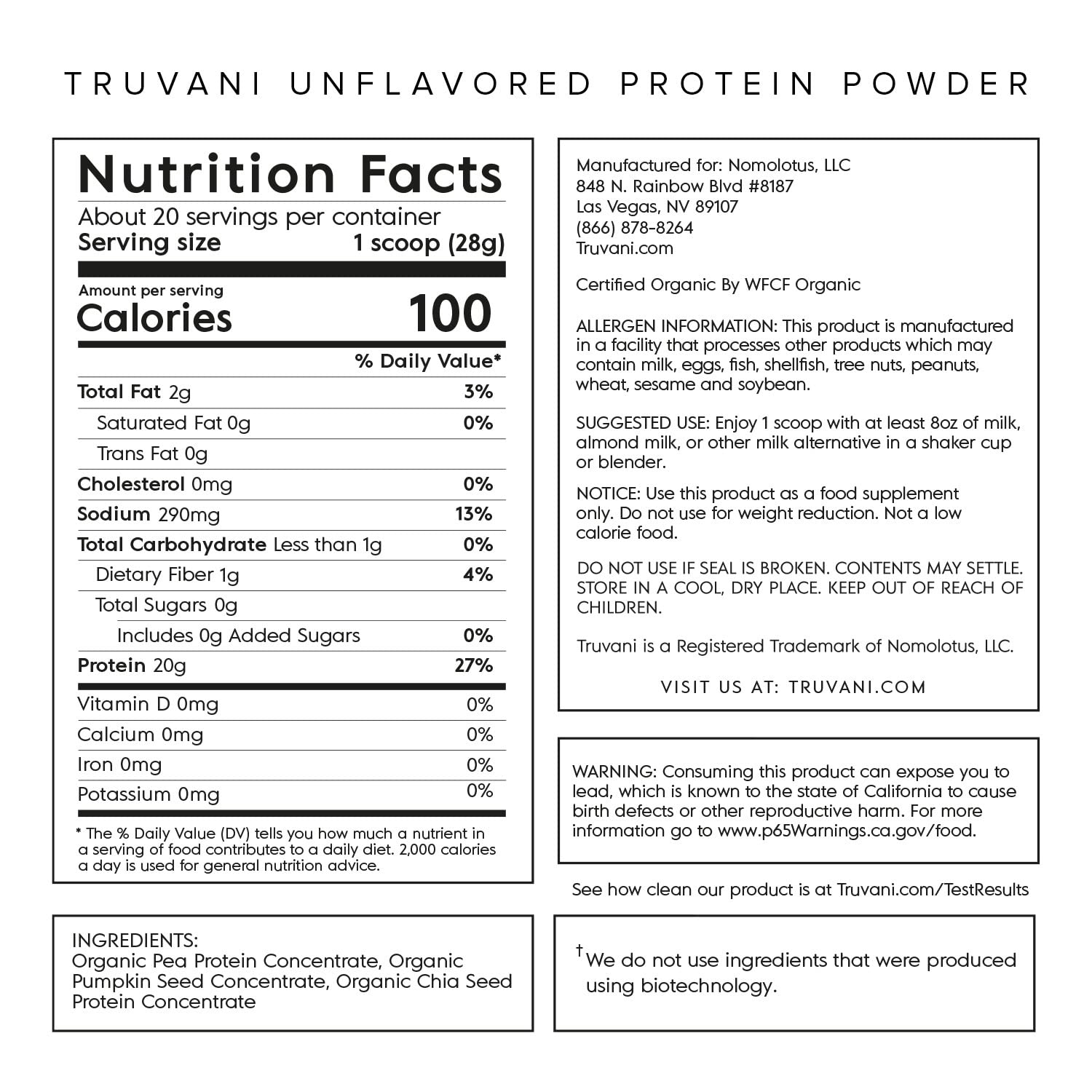 Truvani Organic Vegan Protein Powder Unflavored - 20g of Plant Based Protein, Organic Truvani Au supplements
